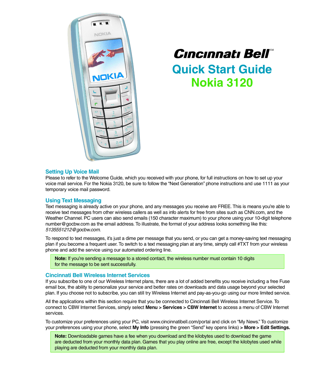 Nokia 3120 quick start Setting Up Voice Mail, Using Text Messaging, Cincinnati Bell Wireless Internet Services 