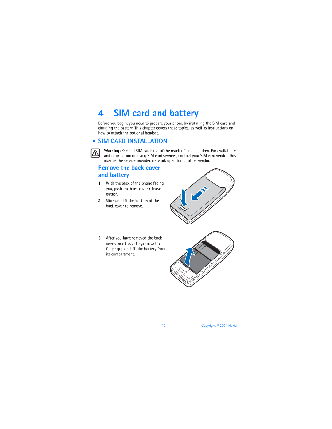 Nokia 3120b warranty SIM card and battery, SIM Card Installation, Remove the back cover and battery 