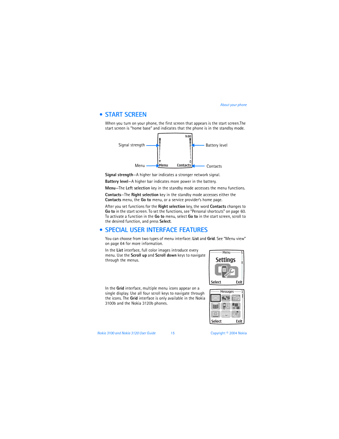 Nokia 3120b warranty Start Screen, Special User Interface Features 