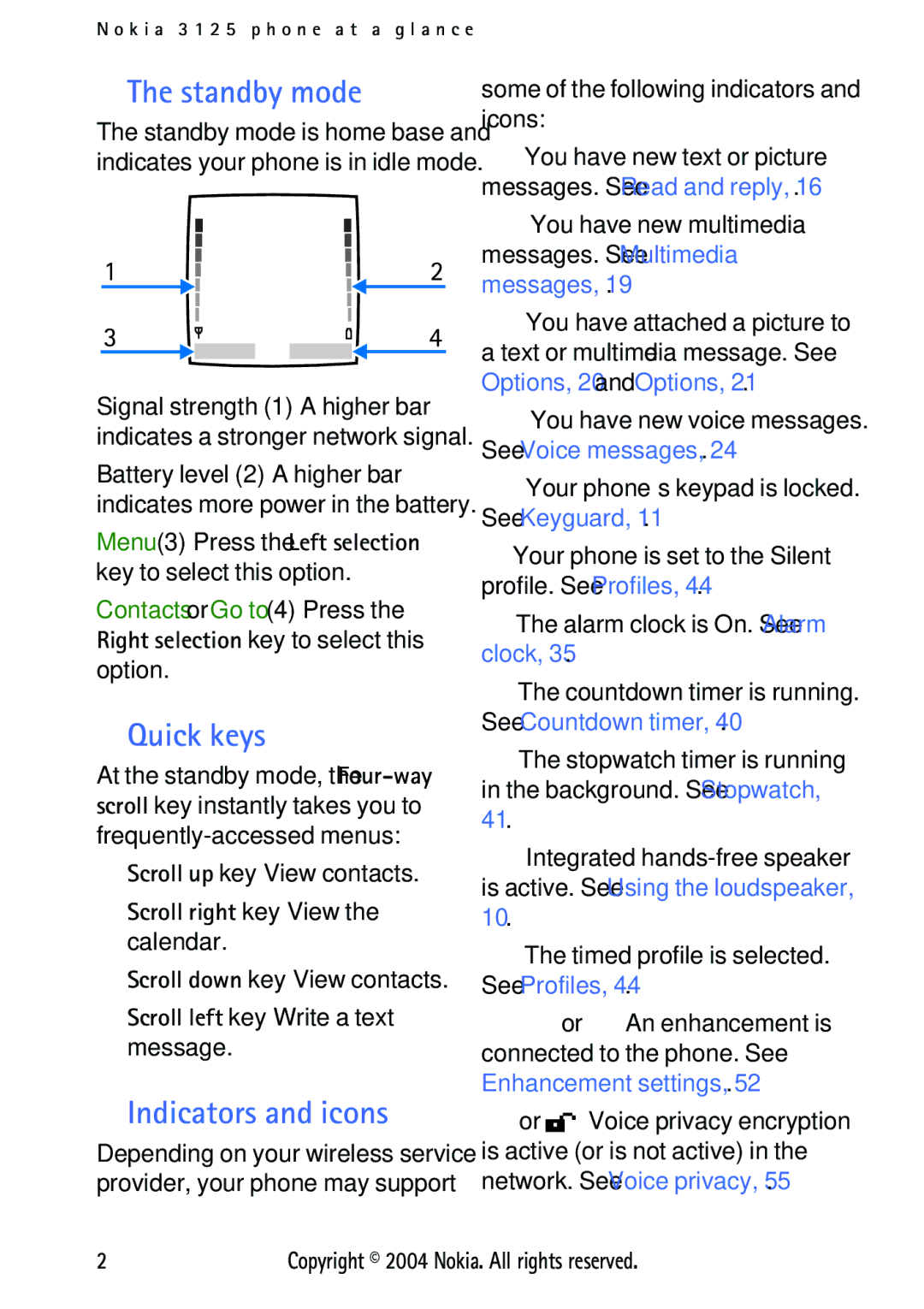 Nokia 3125 manual Standby mode, Quick keys, Indicators and icons 