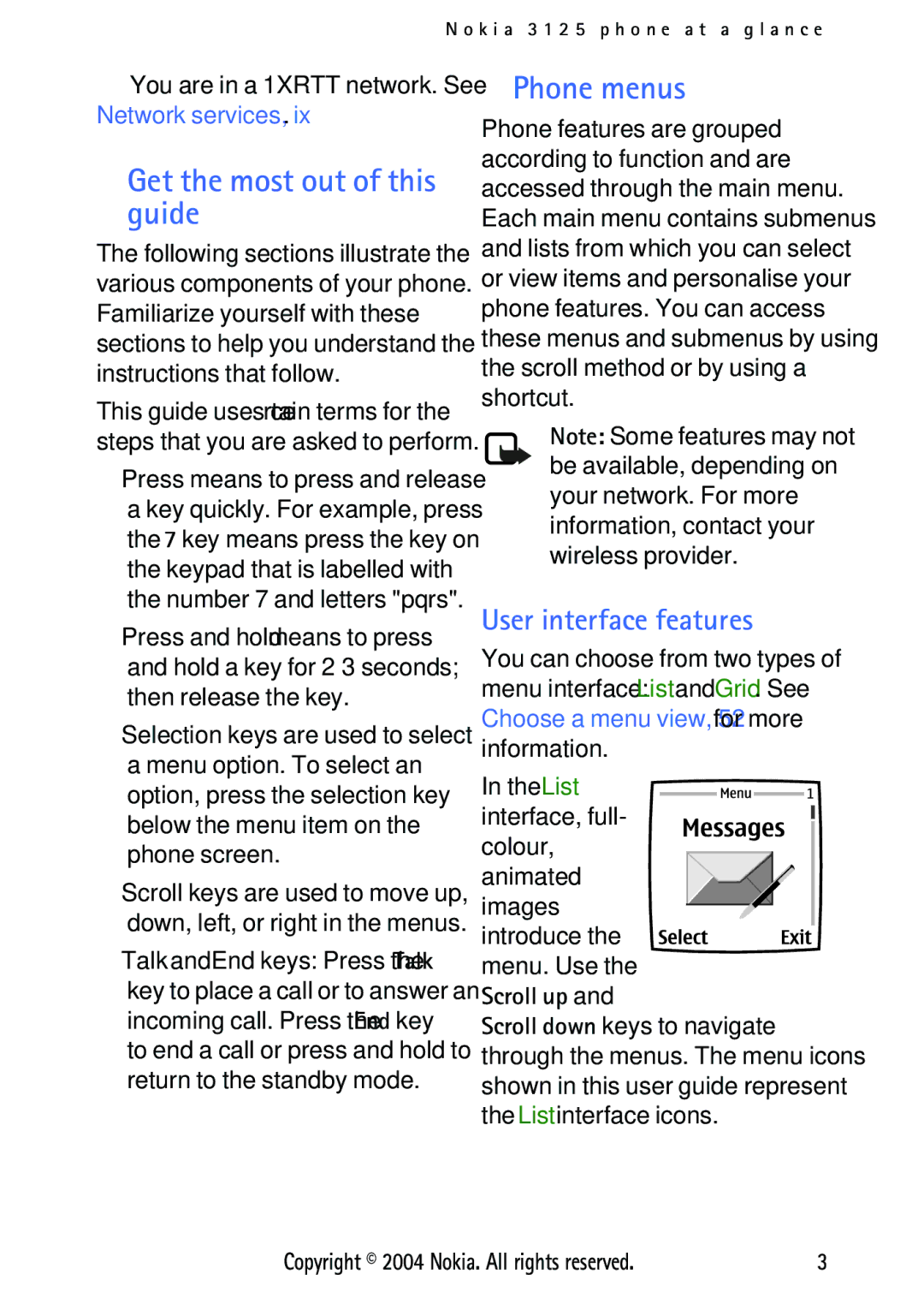 Nokia 3125 manual Get the most out of this guide, Phone menus, User interface features 