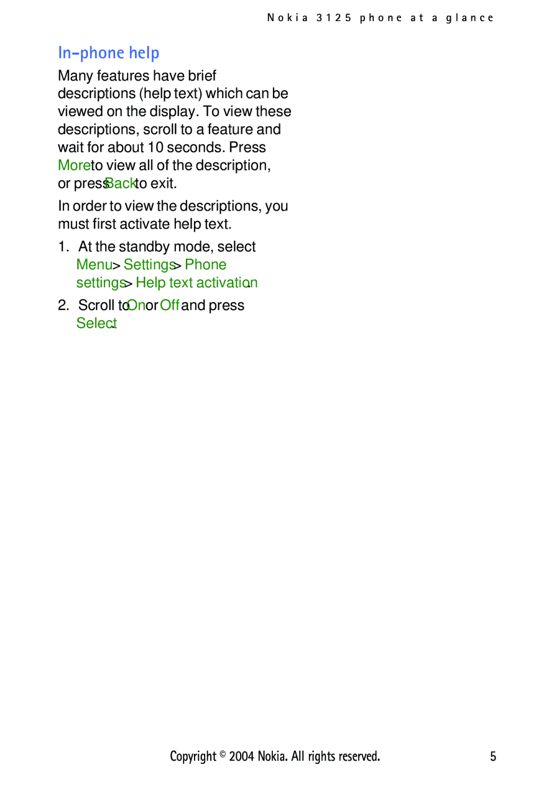 Nokia 3125 manual In-phone help, Scroll to On or Off and press Select 
