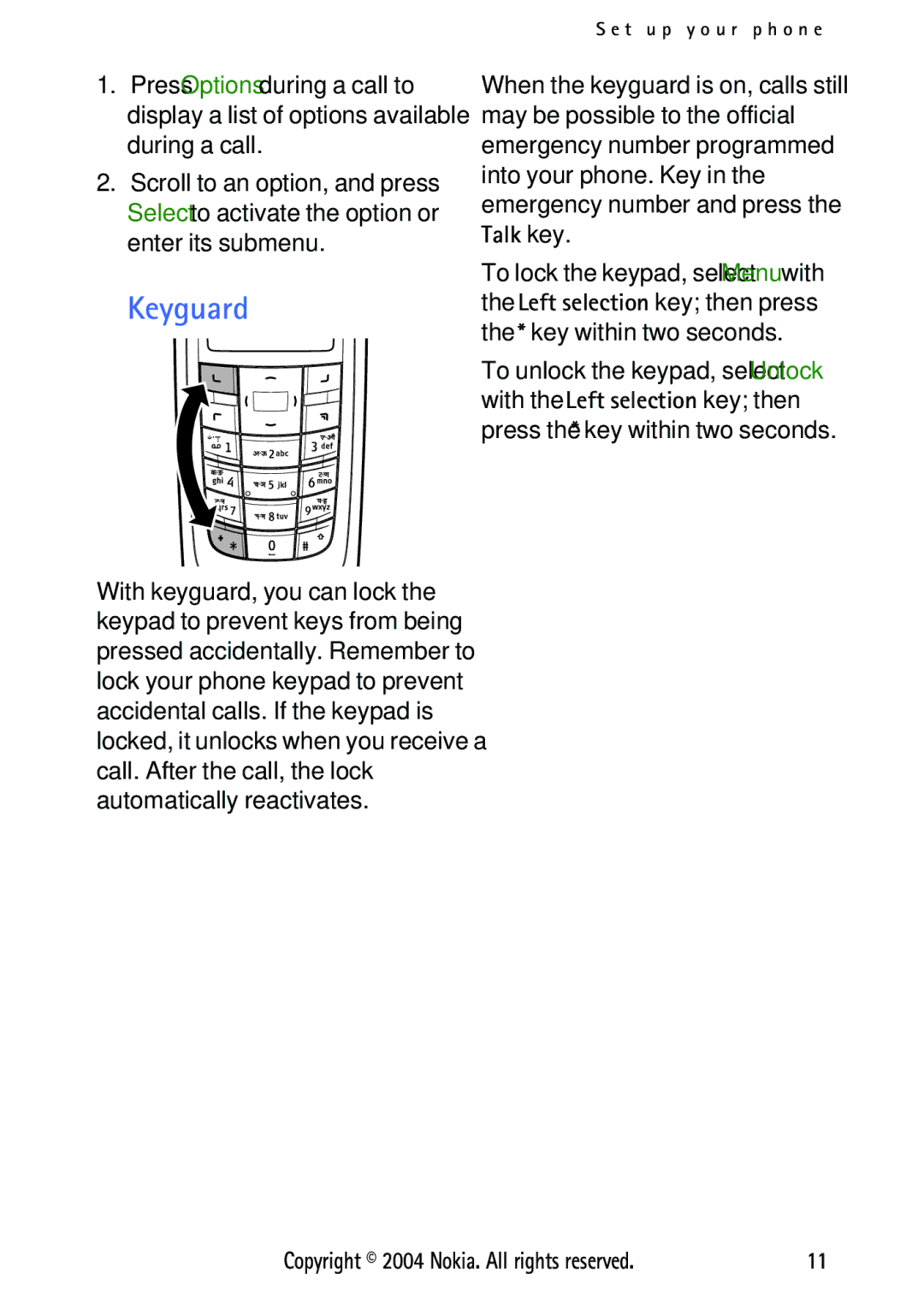 Nokia 3125 manual Keyguard 