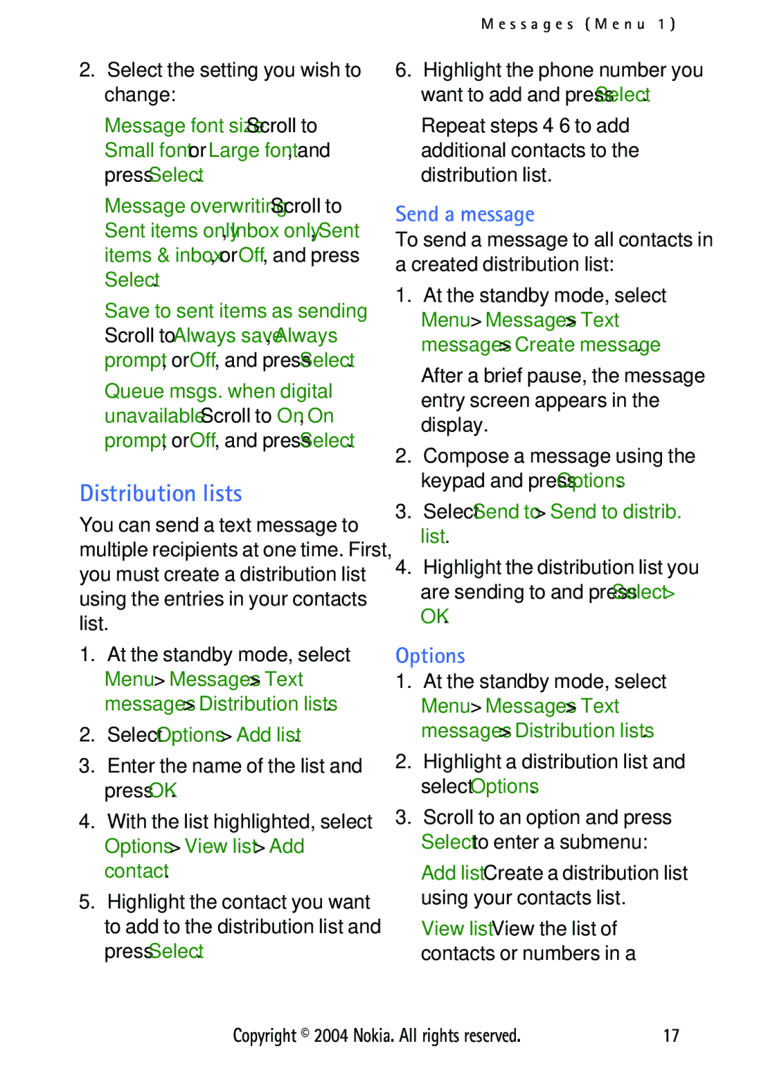 Nokia 3125 manual Distribution lists, Send a message, Select Options Add list, Select Send to Send to distrib. list 