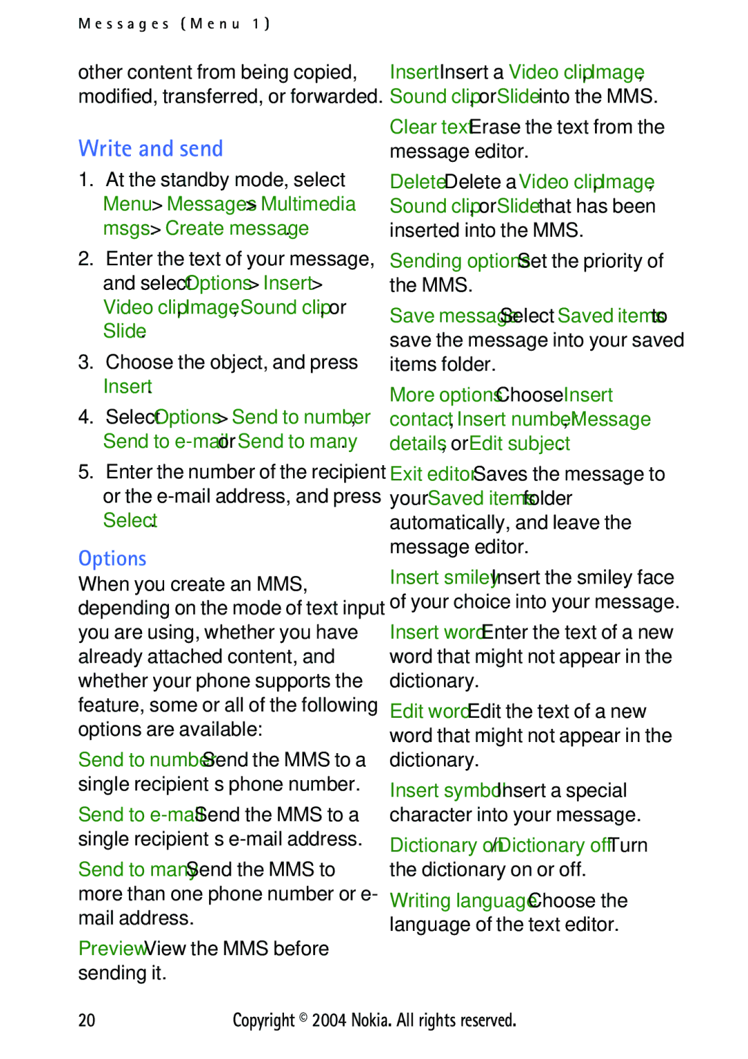 Nokia 3125 manual Choose the object, and press Insert, Preview-View the MMS before sending it 