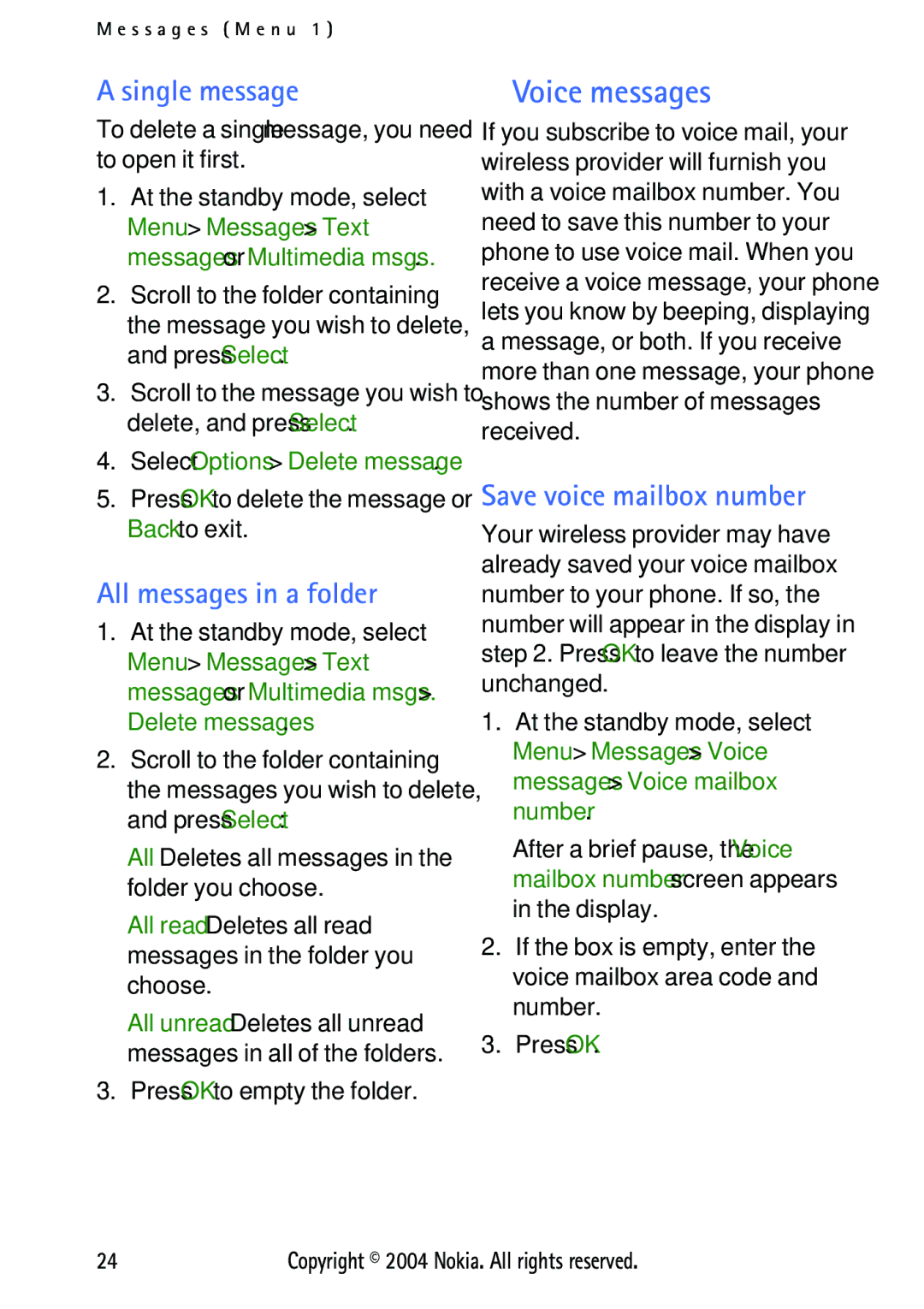 Nokia 3125 manual Voice messages, Single message, All messages in a folder, Save voice mailbox number 
