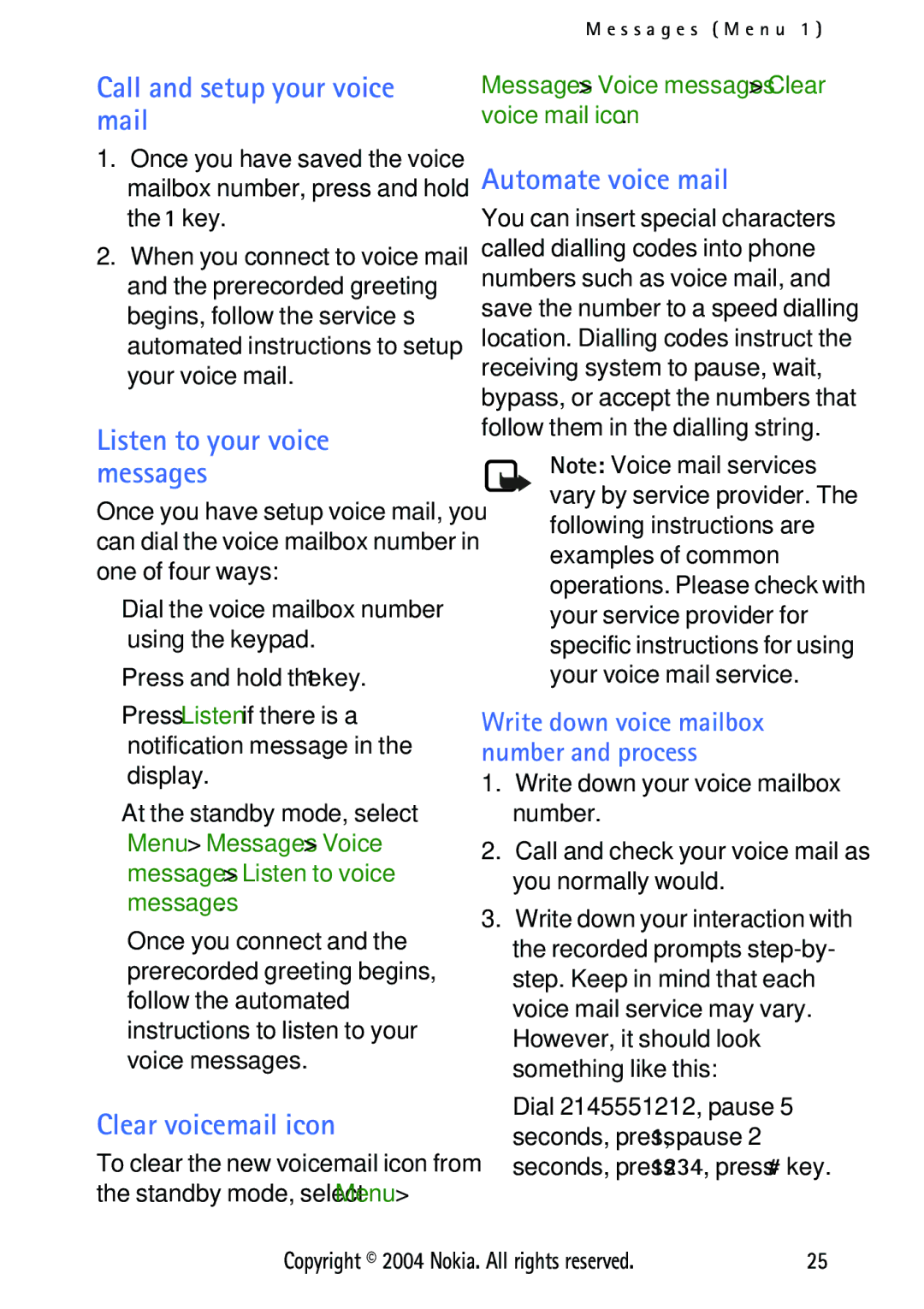 Nokia 3125 manual Call and setup your voice mail, Listen to your voice messages, Clear voicemail icon, Automate voice mail 