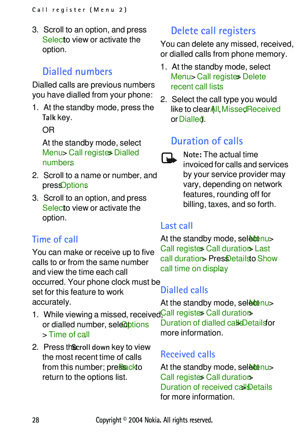 Nokia 3125 manual Dialled numbers, Delete call registers, Duration of calls 