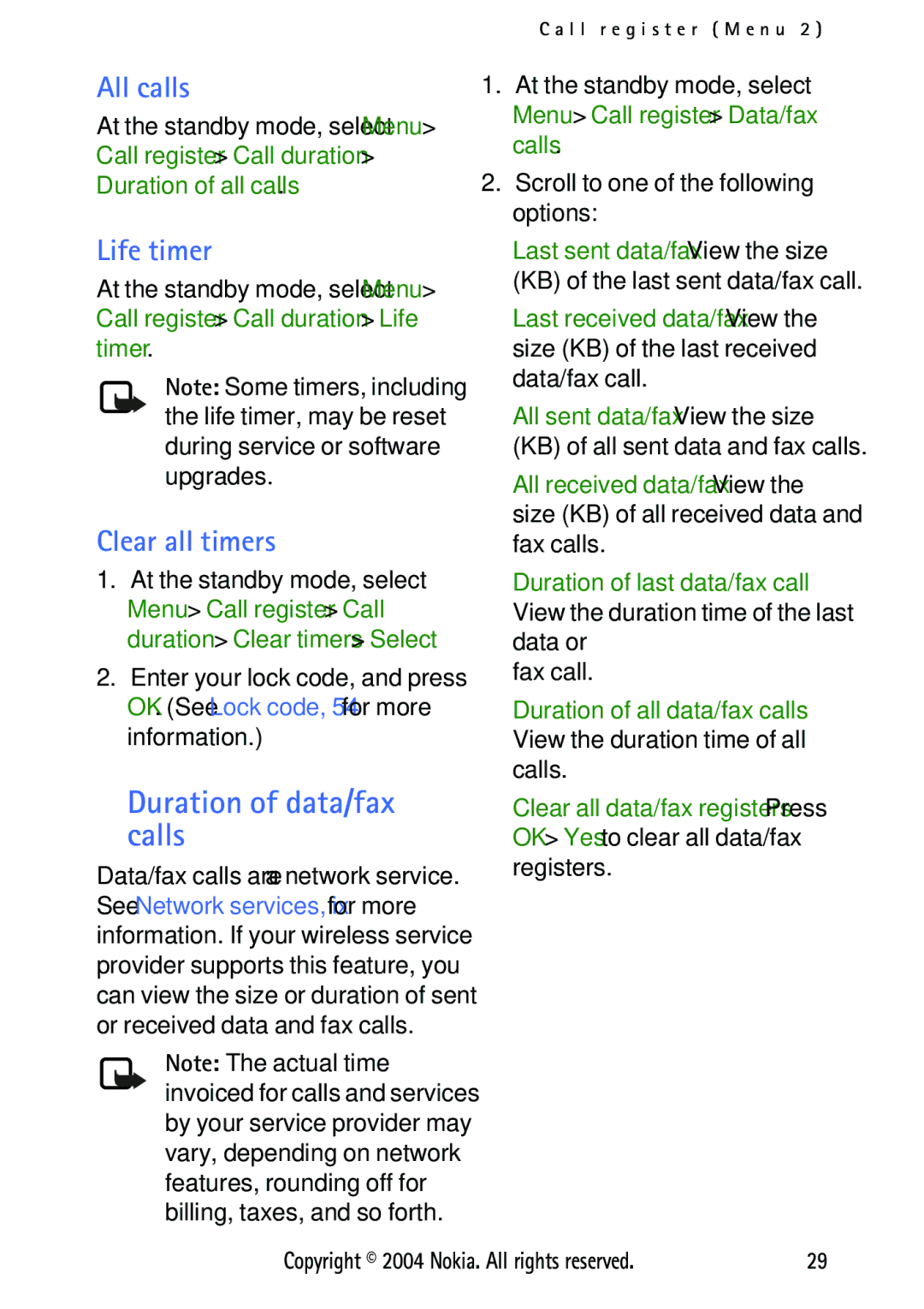 Nokia 3125 manual Duration of data/fax, Calls, All calls, Life timer, Clear all timers 