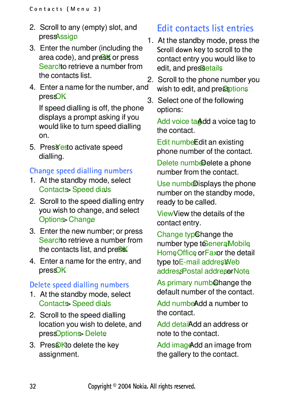 Nokia 3125 manual Edit contacts list entries, Add voice tag-Add a voice tag to the contact 