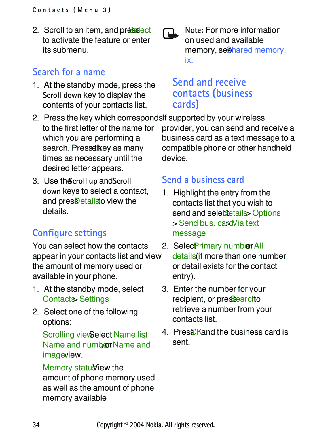 Nokia 3125 manual Search for a name, Configure settings, Send and receive contacts business cards, Send a business card 