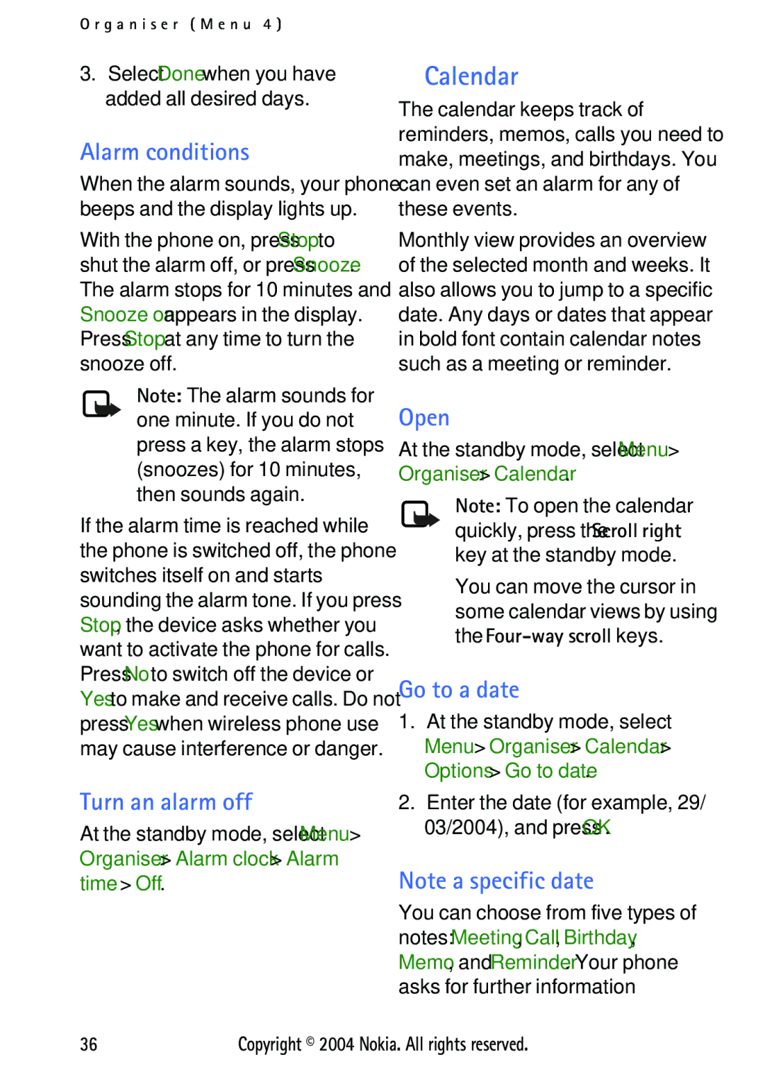 Nokia 3125 manual Calendar, Alarm conditions, Turn an alarm off, Open, Go to a date 