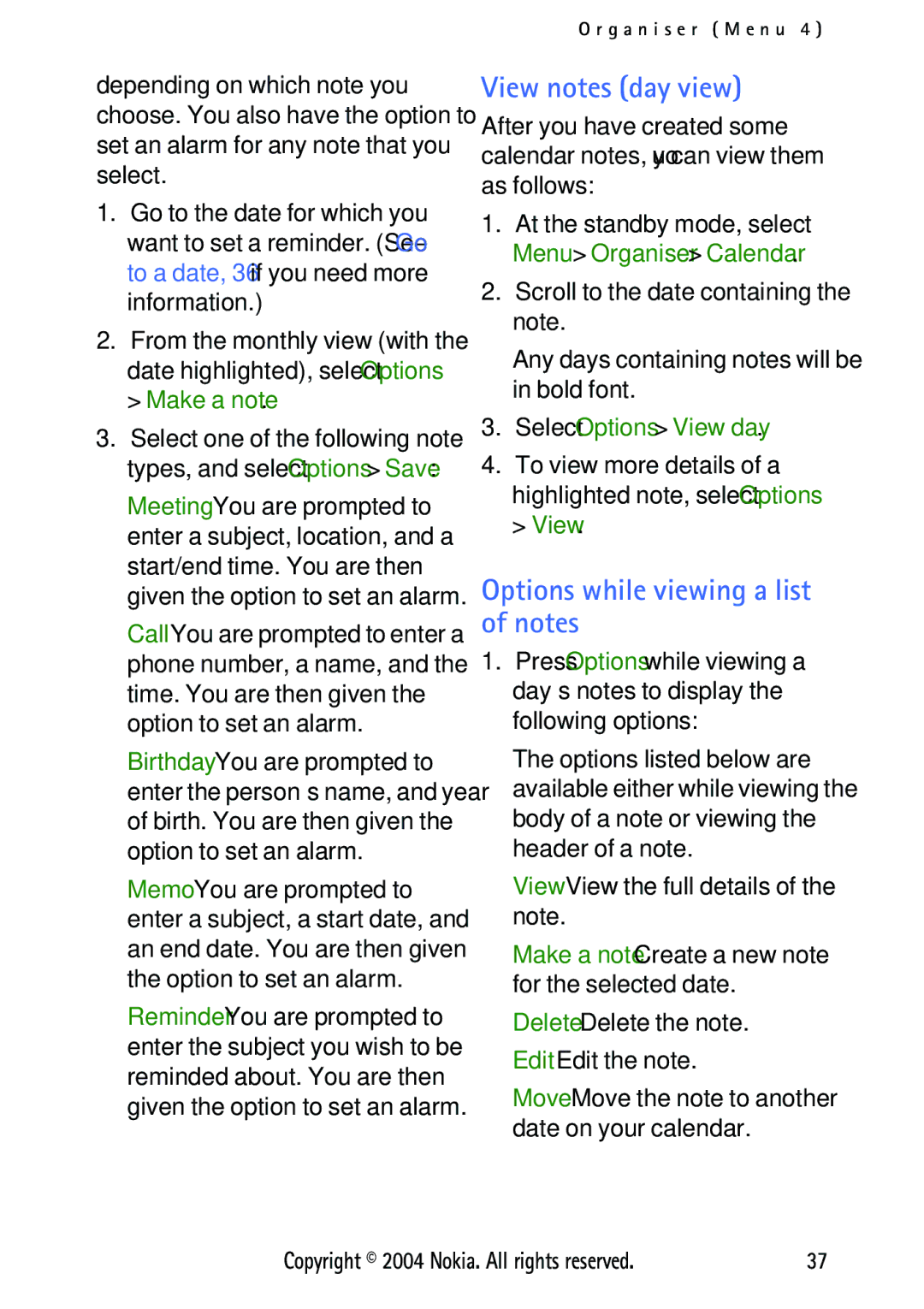 Nokia 3125 manual View notes day view, Options while viewing a list of notes, Select Options View day 