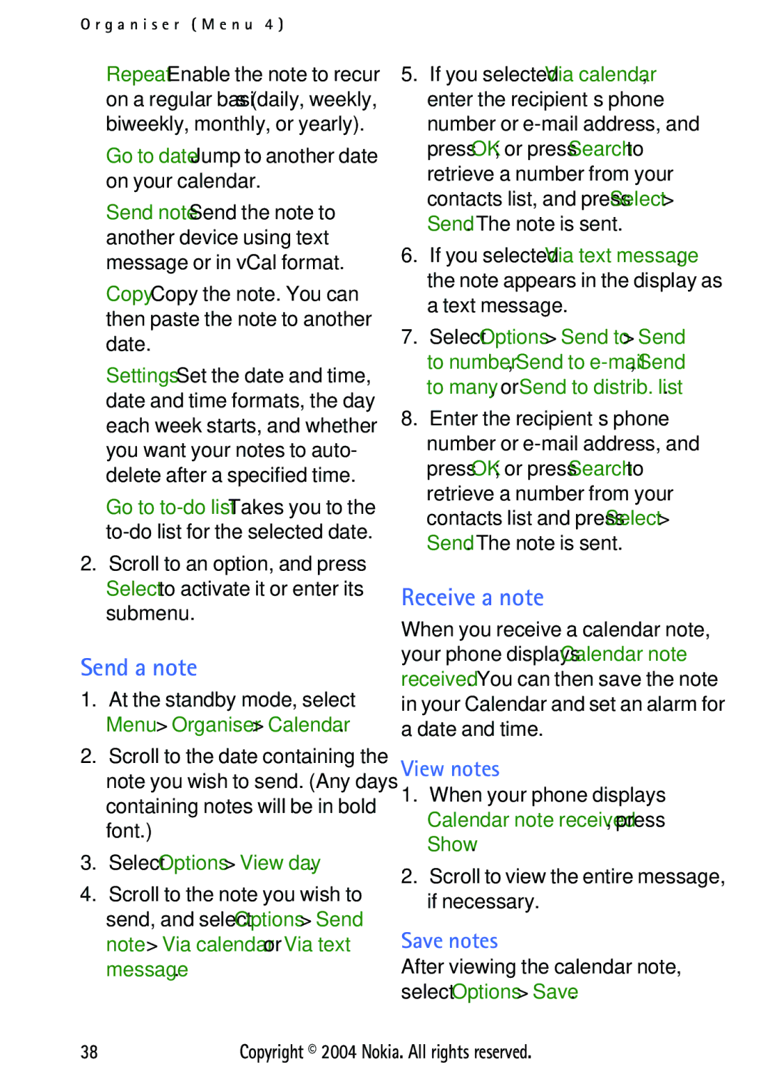 Nokia 3125 manual Send a note, Receive a note, View notes, Save notes, After viewing the calendar note, select Options Save 