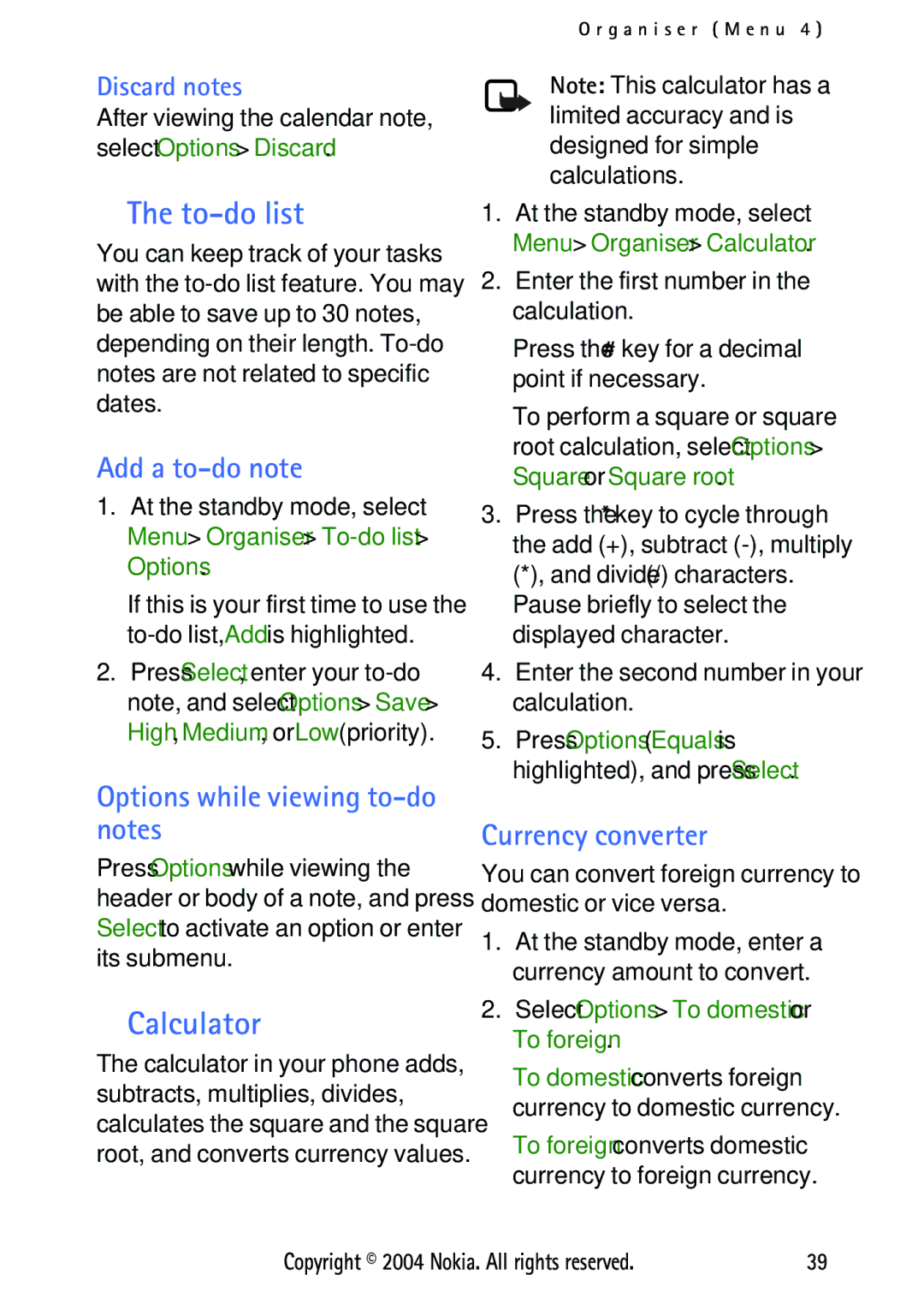 Nokia 3125 manual To-do list, Calculator, Add a to-do note, Options while viewing to-do notes, Currency converter 