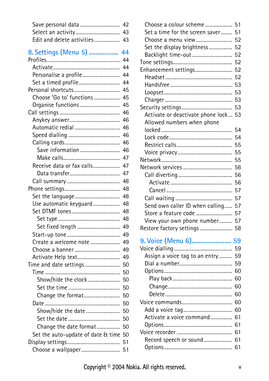 Nokia 3125 manual Settings Menu 