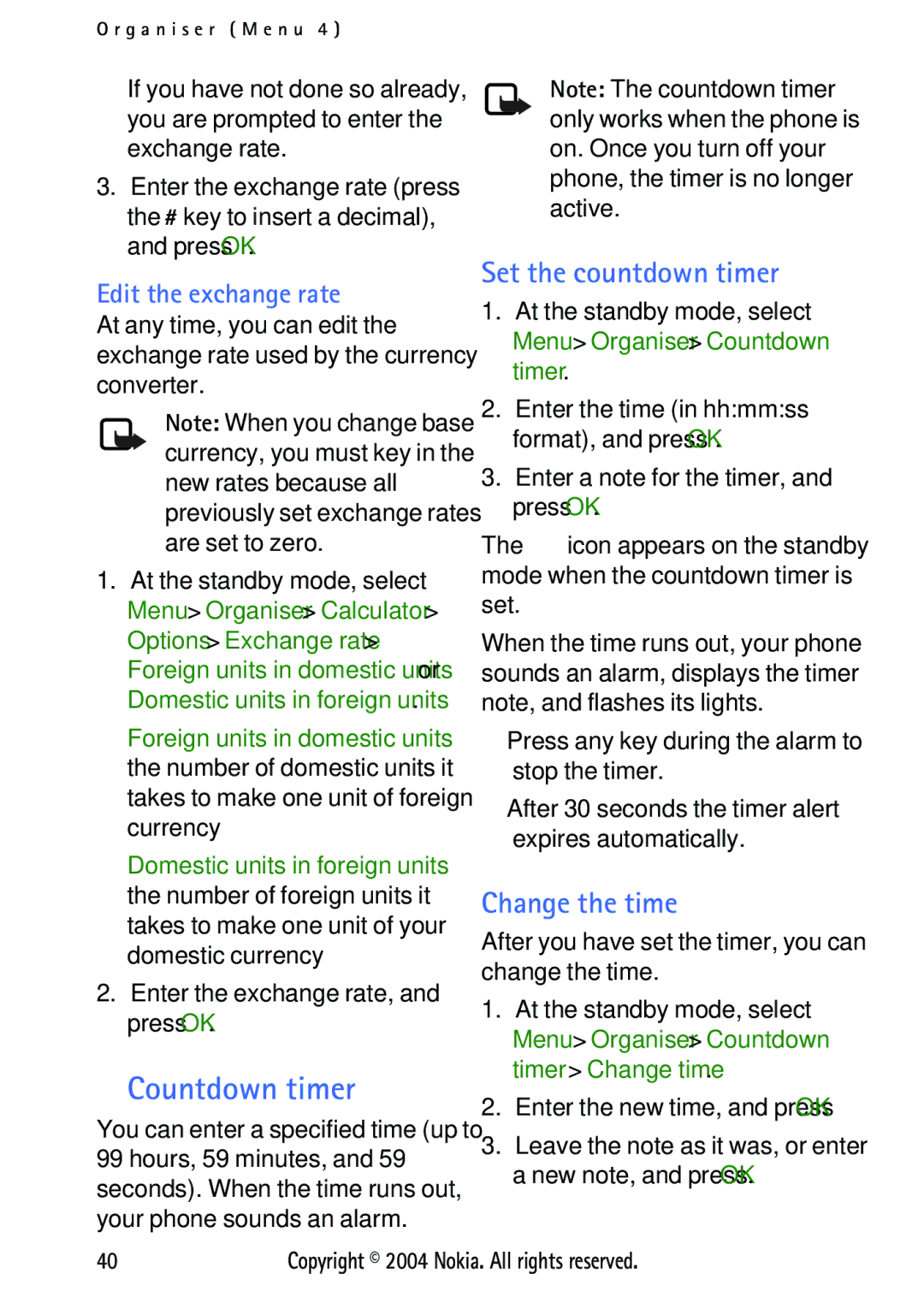 Nokia 3125 manual Countdown timer, Set the countdown timer, Change the time, Edit the exchange rate 