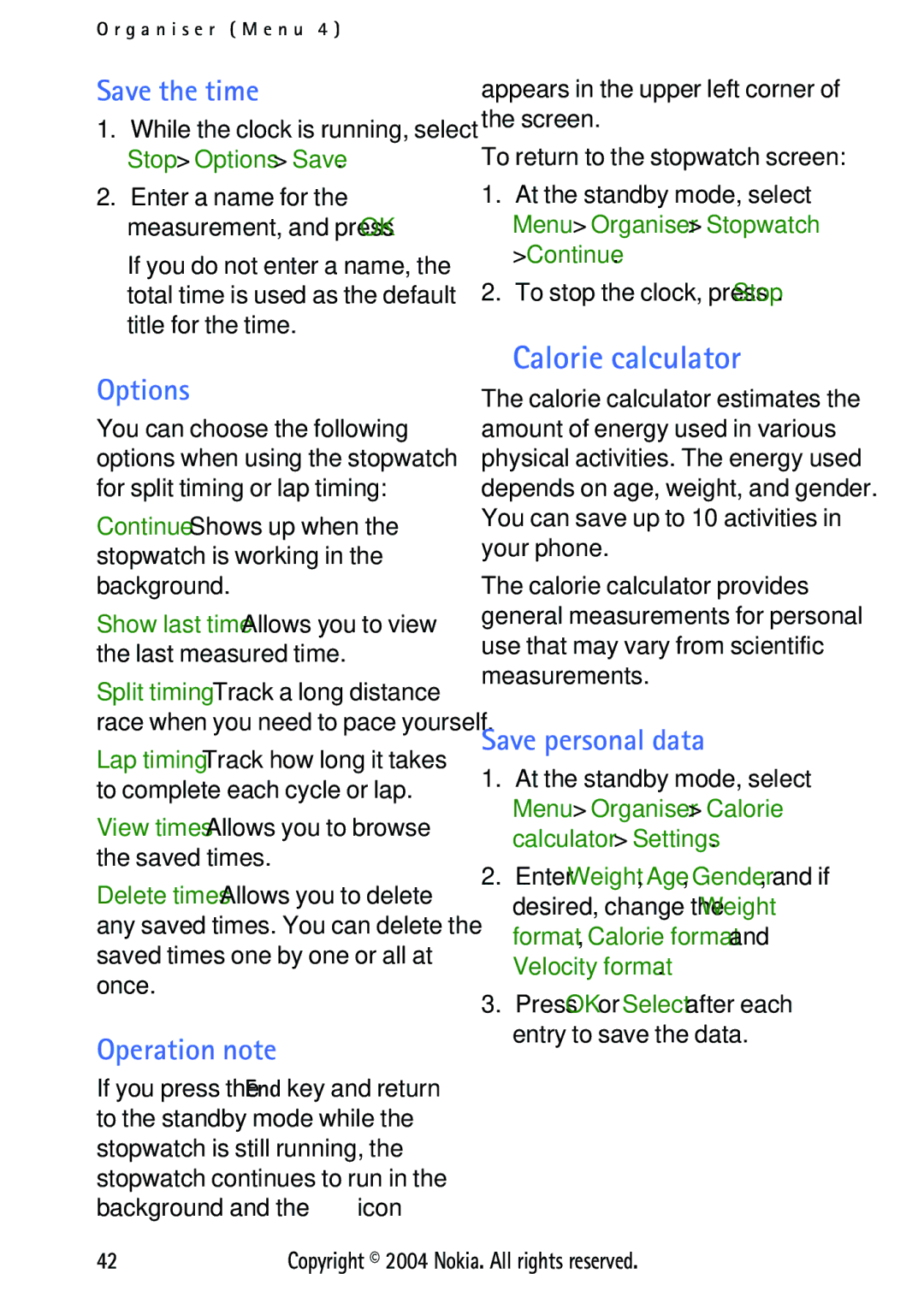 Nokia 3125 manual Calorie calculator, Save the time, Options, Operation note, Save personal data 