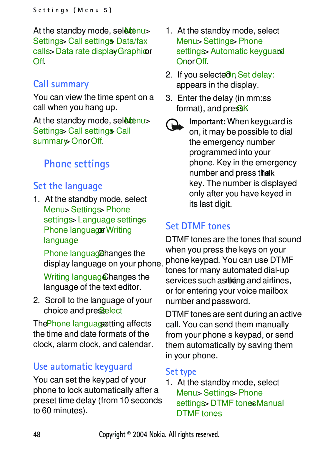 Nokia 3125 manual Phone settings, Call summary, Set the language, Use automatic keyguard, Set Dtmf tones 