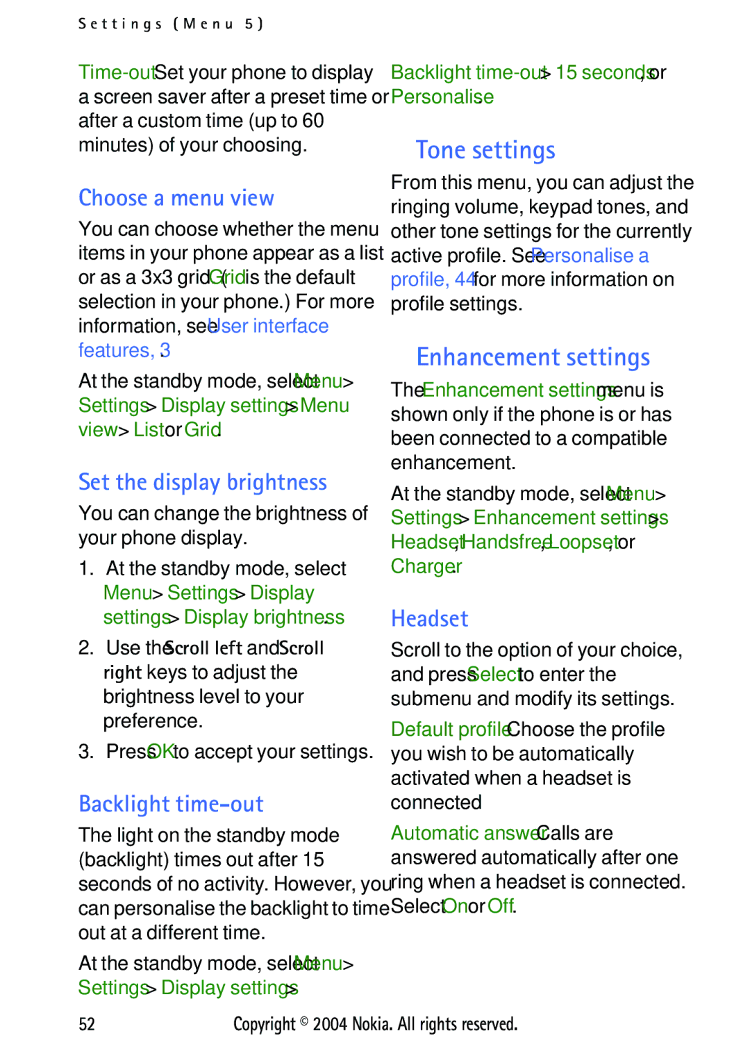 Nokia 3125 manual Tone settings, Enhancement settings 