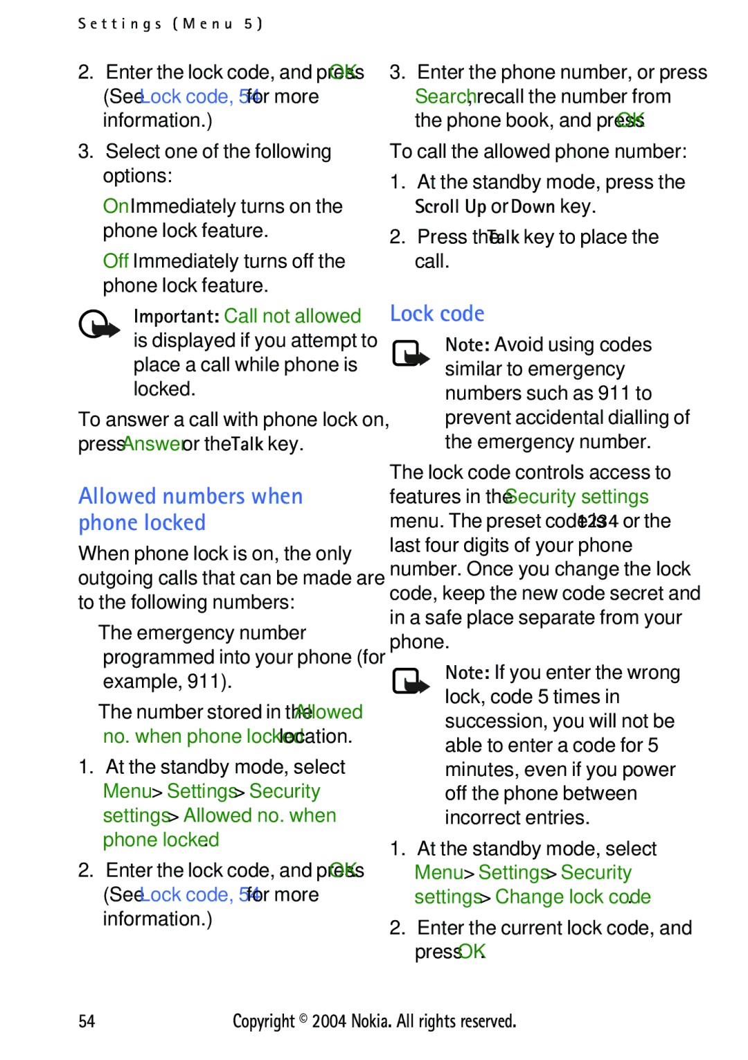 Nokia 3125 manual Allowed numbers when phone locked, Lock code 