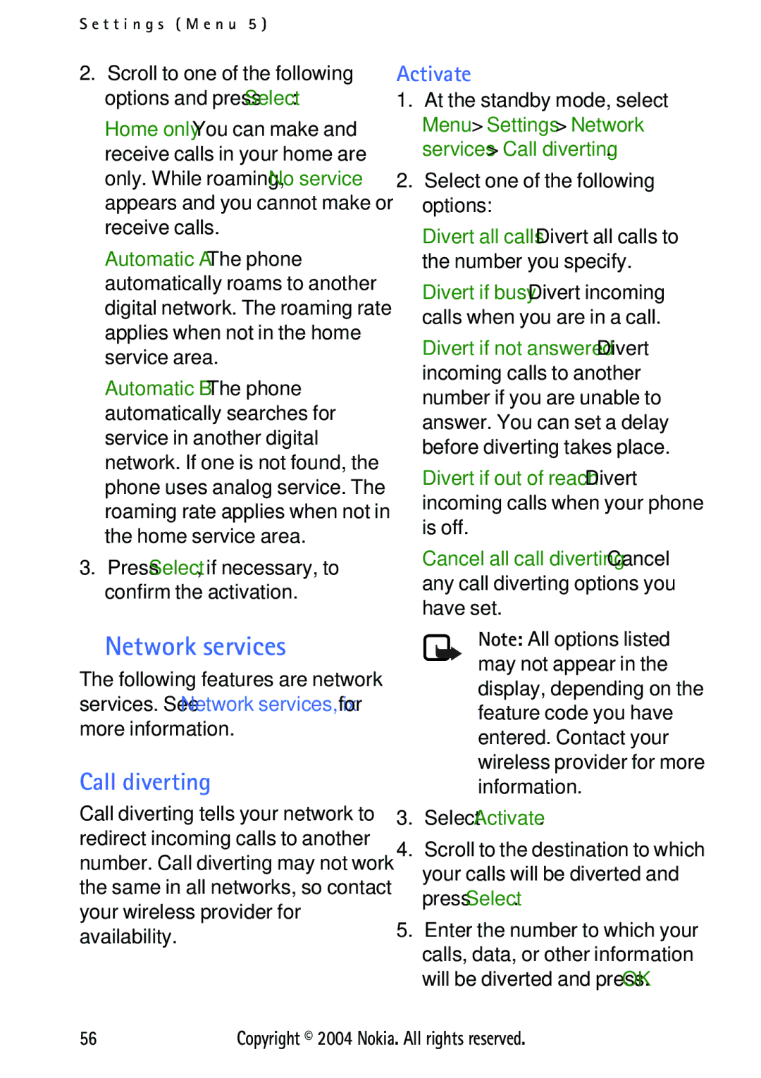 Nokia 3125 manual Call diverting, Activate, Press Select, if necessary, to confirm the activation 