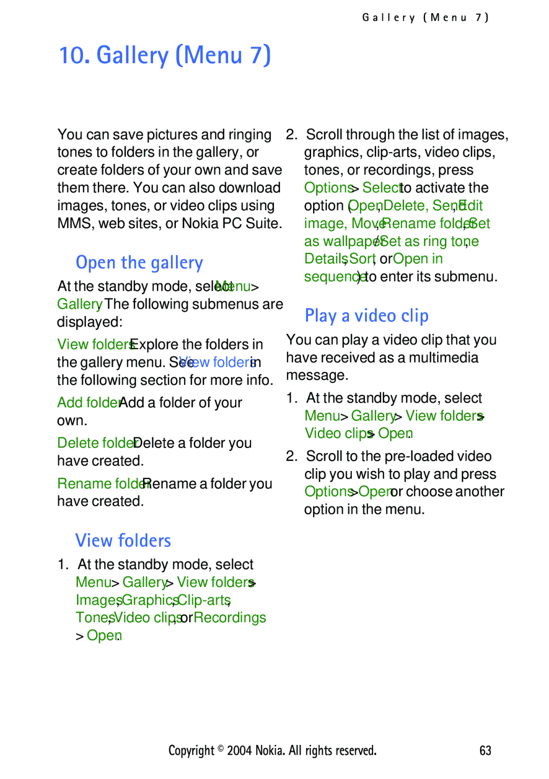 Nokia 3125 manual Gallery Menu, Open the gallery, View folders, Play a video clip, Add folder-Add a folder of your own 