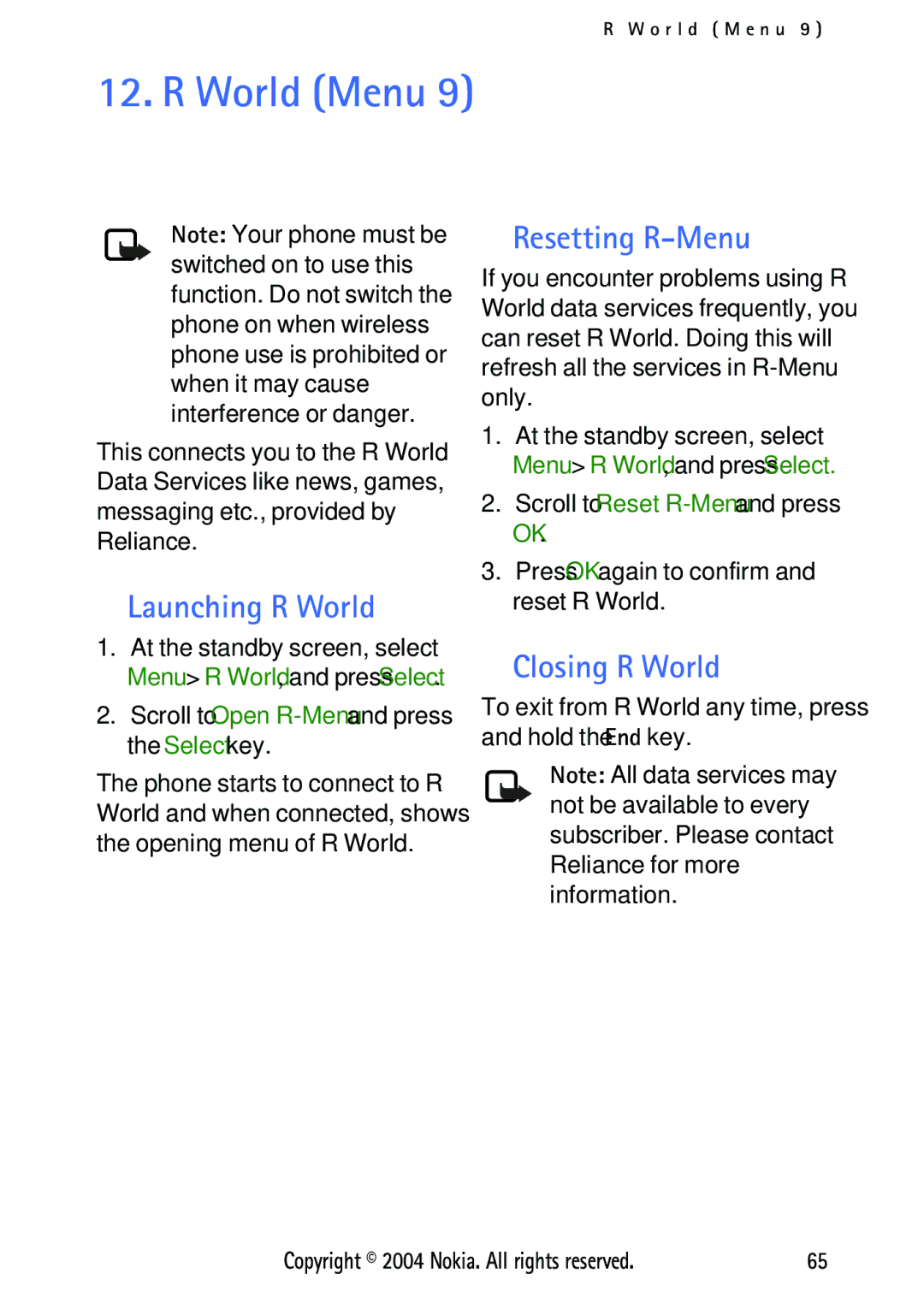 Nokia 3125 manual World Menu, Launching R World, Resetting R-Menu, Closing R World 