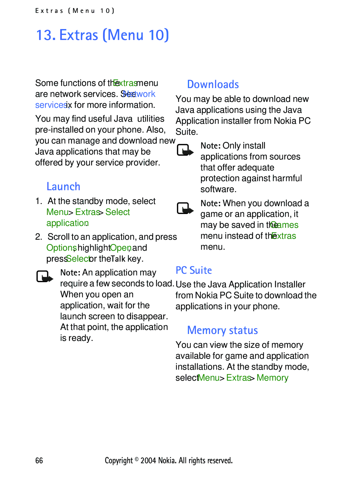 Nokia 3125 manual Launch, Downloads, Memory status, PC Suite, At the standby mode, select Menu Extras Select application 