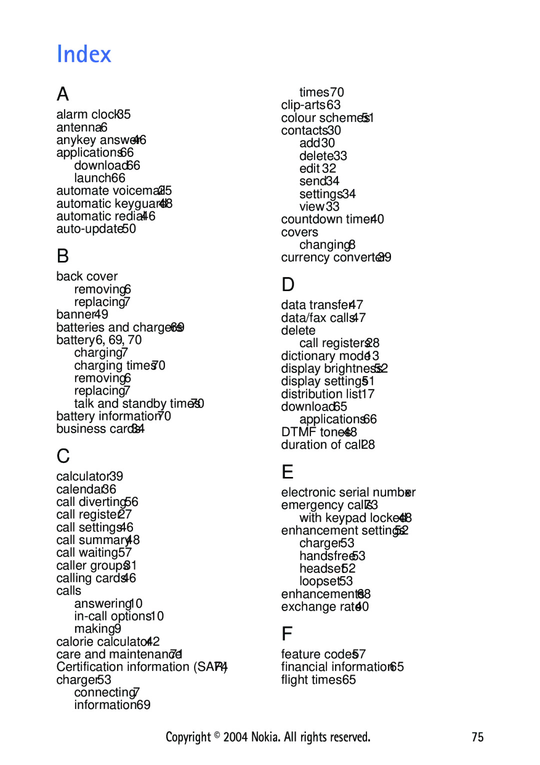 Nokia 3125 manual Index, Countdown timer 40 covers, Feature codes 57 financial information 65 flight times 