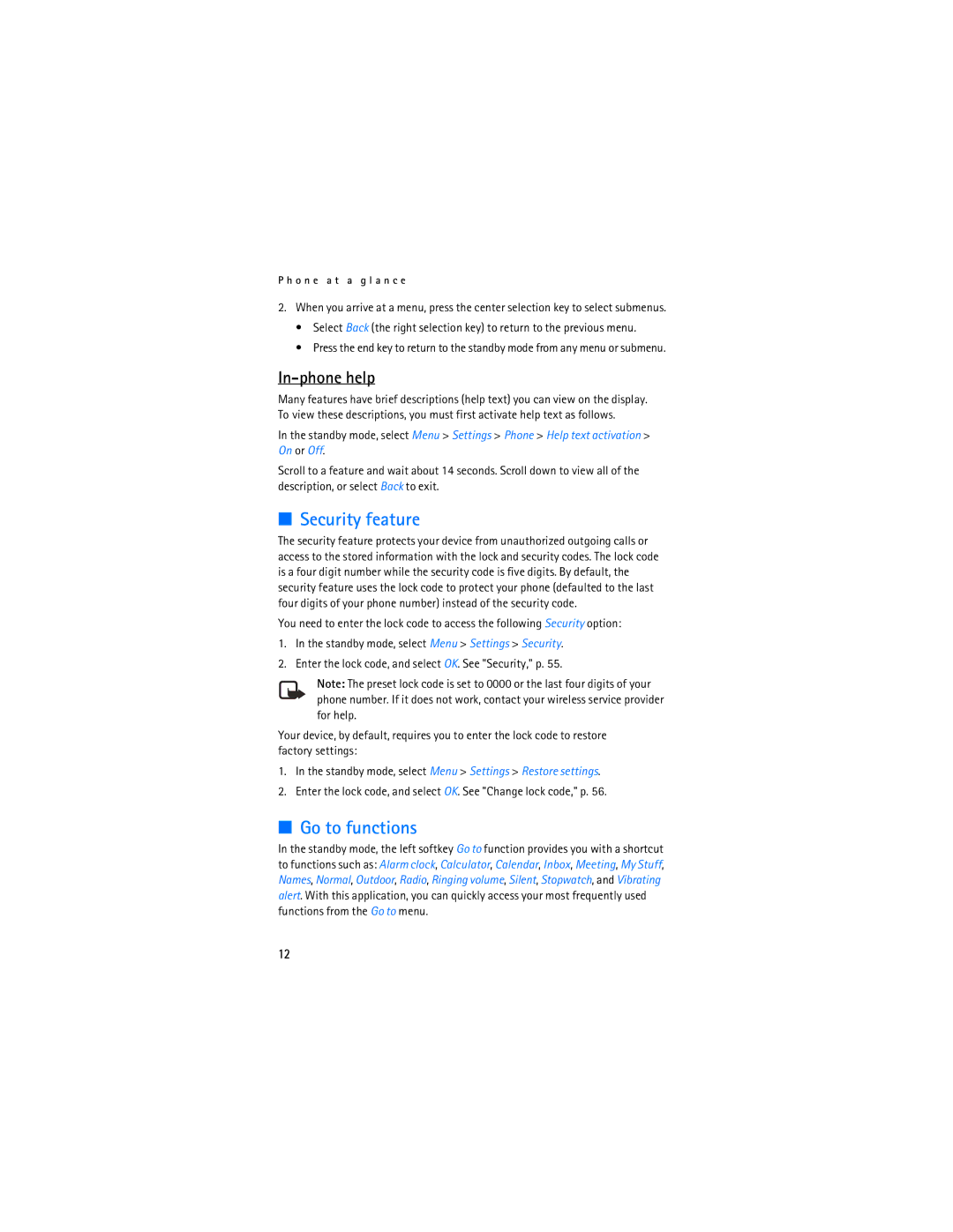 Nokia 3155i manual Security feature, Go to functions, In-phone help 