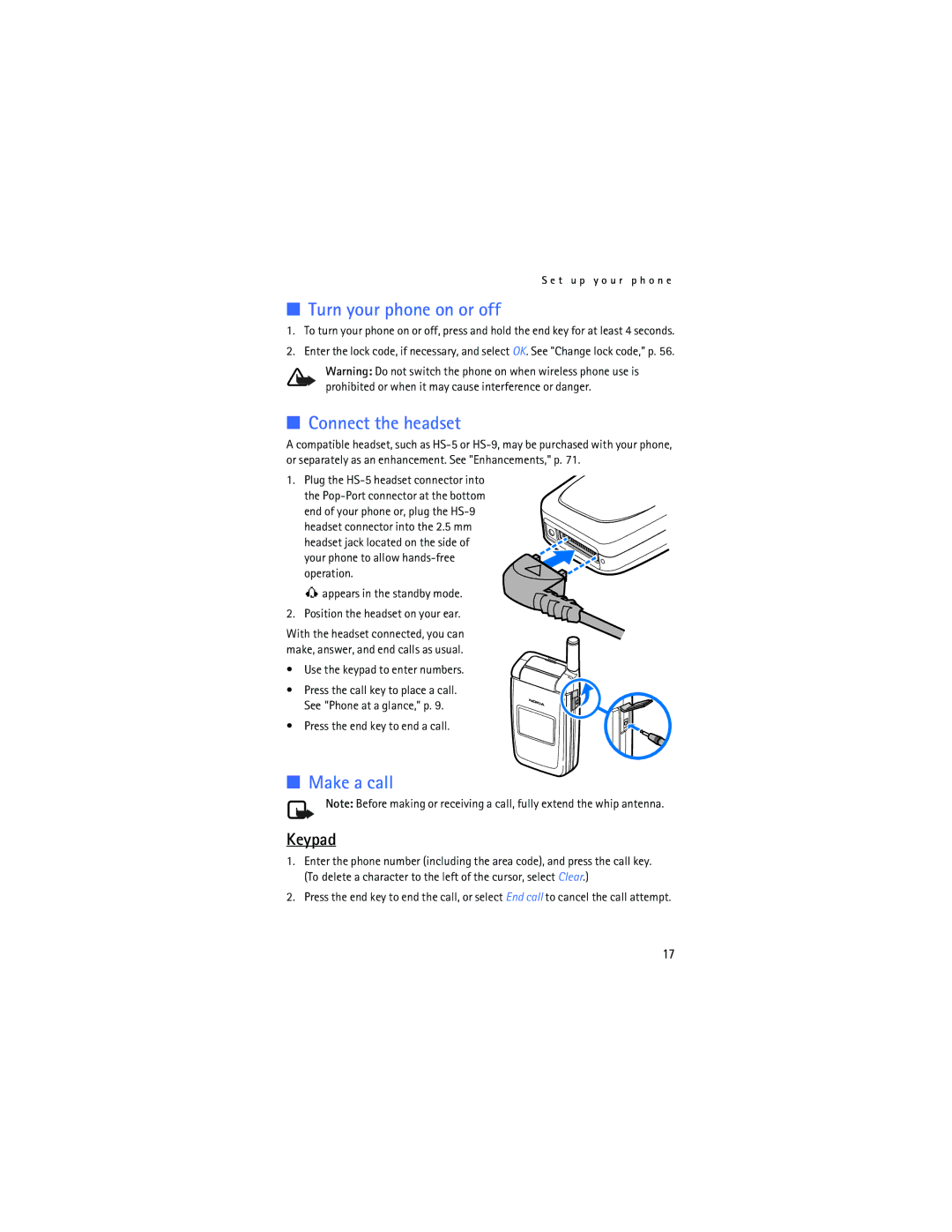 Nokia 3155i manual Turn your phone on or off, Connect the headset, Make a call, Keypad 