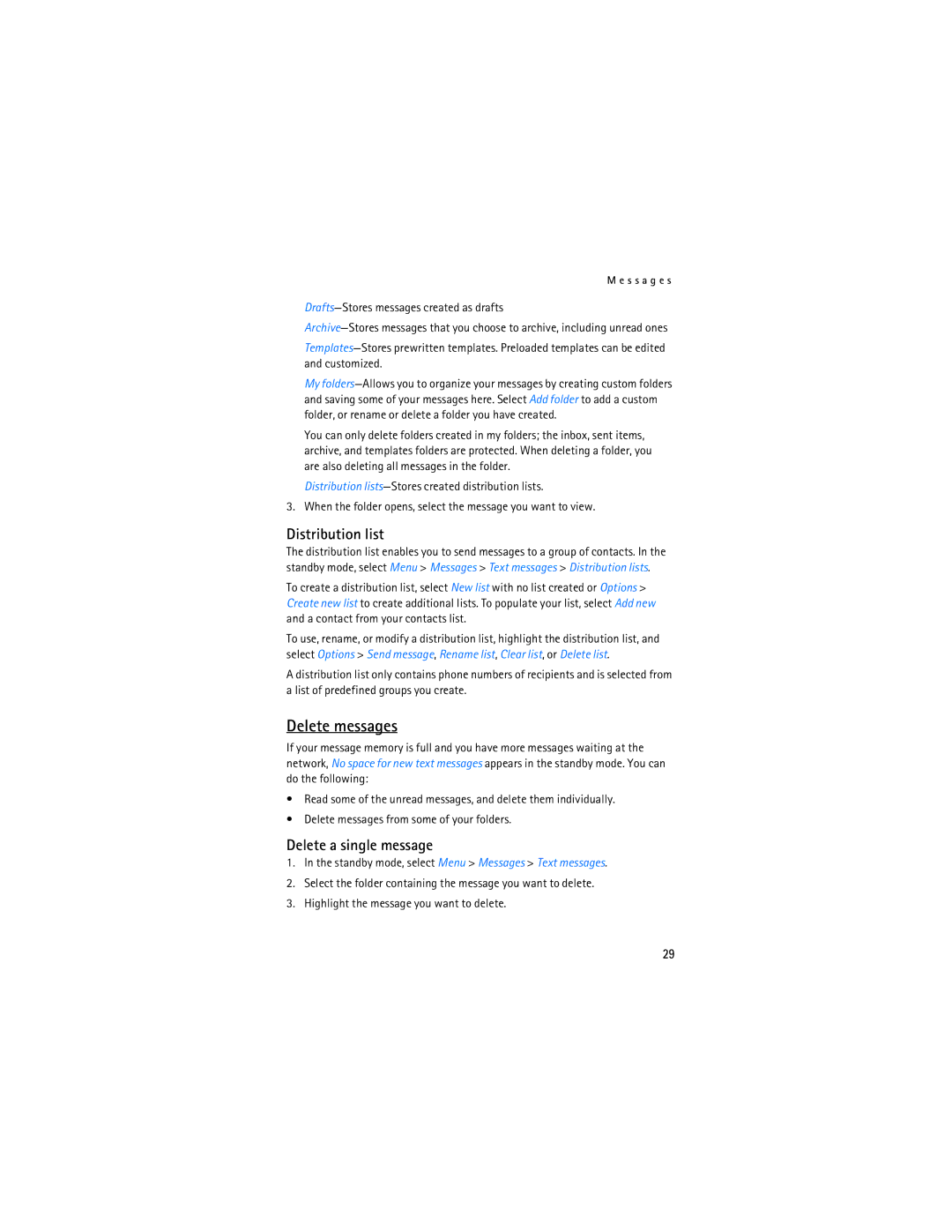 Nokia 3155i manual Delete messages, Distribution list, Delete a single message, Drafts-Stores messages created as drafts 