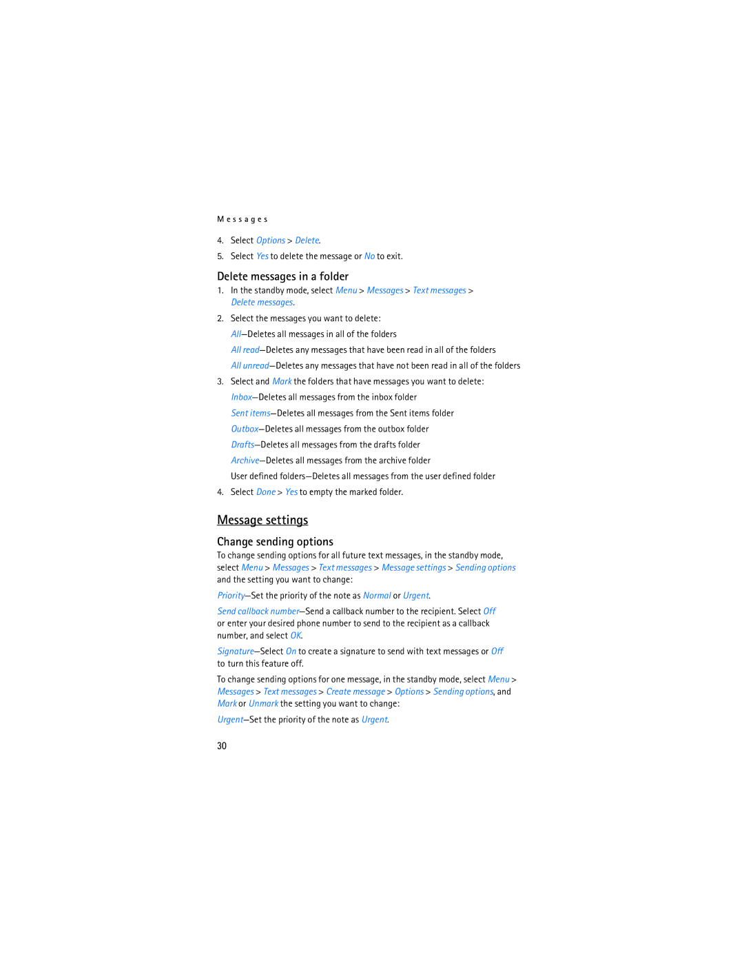 Nokia 3155i manual Message settings, Delete messages in a folder, Change sending options 