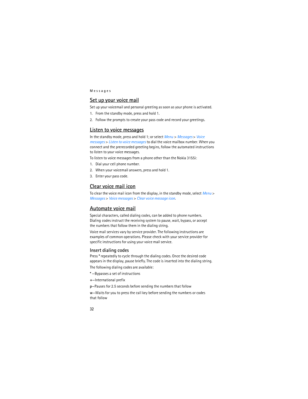 Nokia 3155i manual Set up your voice mail, Listen to voice messages, Clear voice mail icon, Automate voice mail 