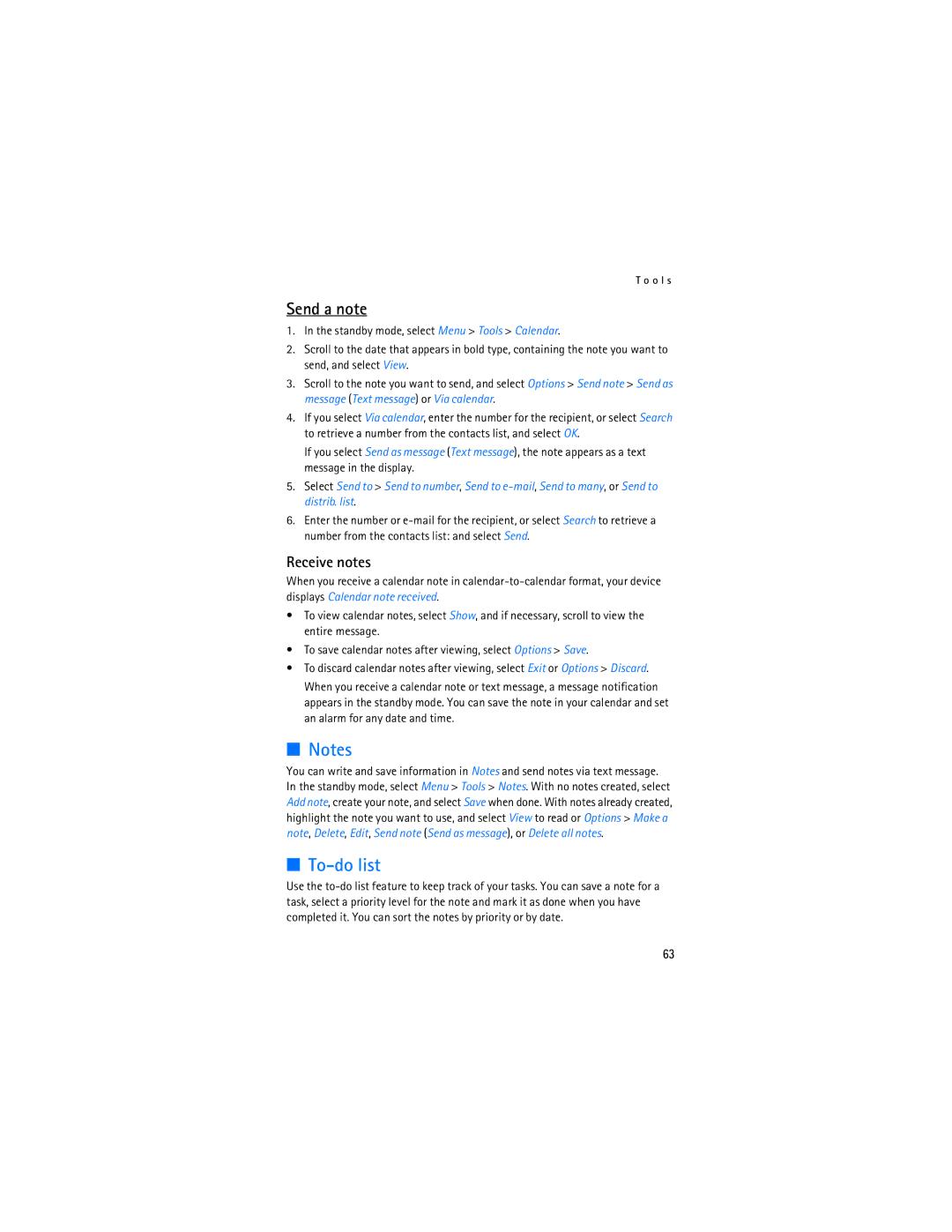 Nokia 3155i manual To-do list, Send a note, Receive notes 