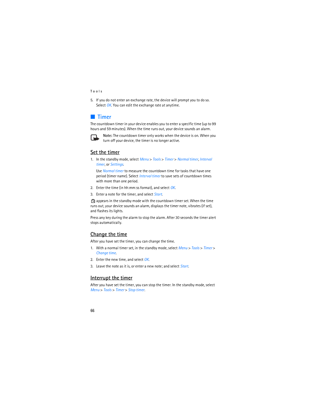 Nokia 3155i manual Timer, Set the timer, Change the time, Interrupt the timer 