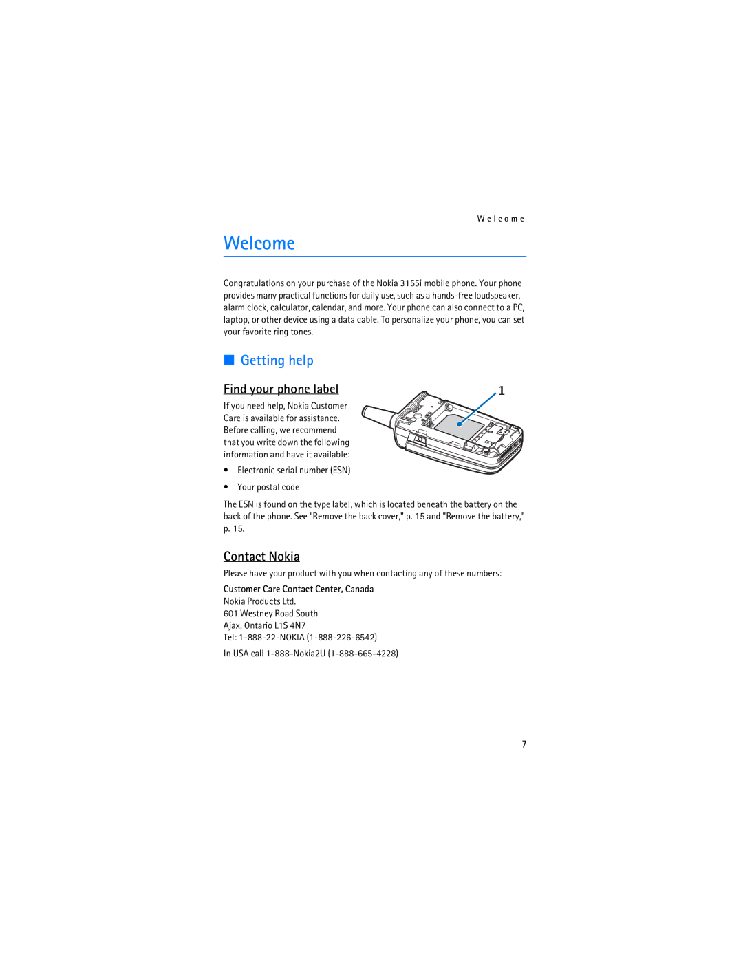 Nokia 3155i manual Welcome, Getting help, Find your phone label, Contact Nokia 