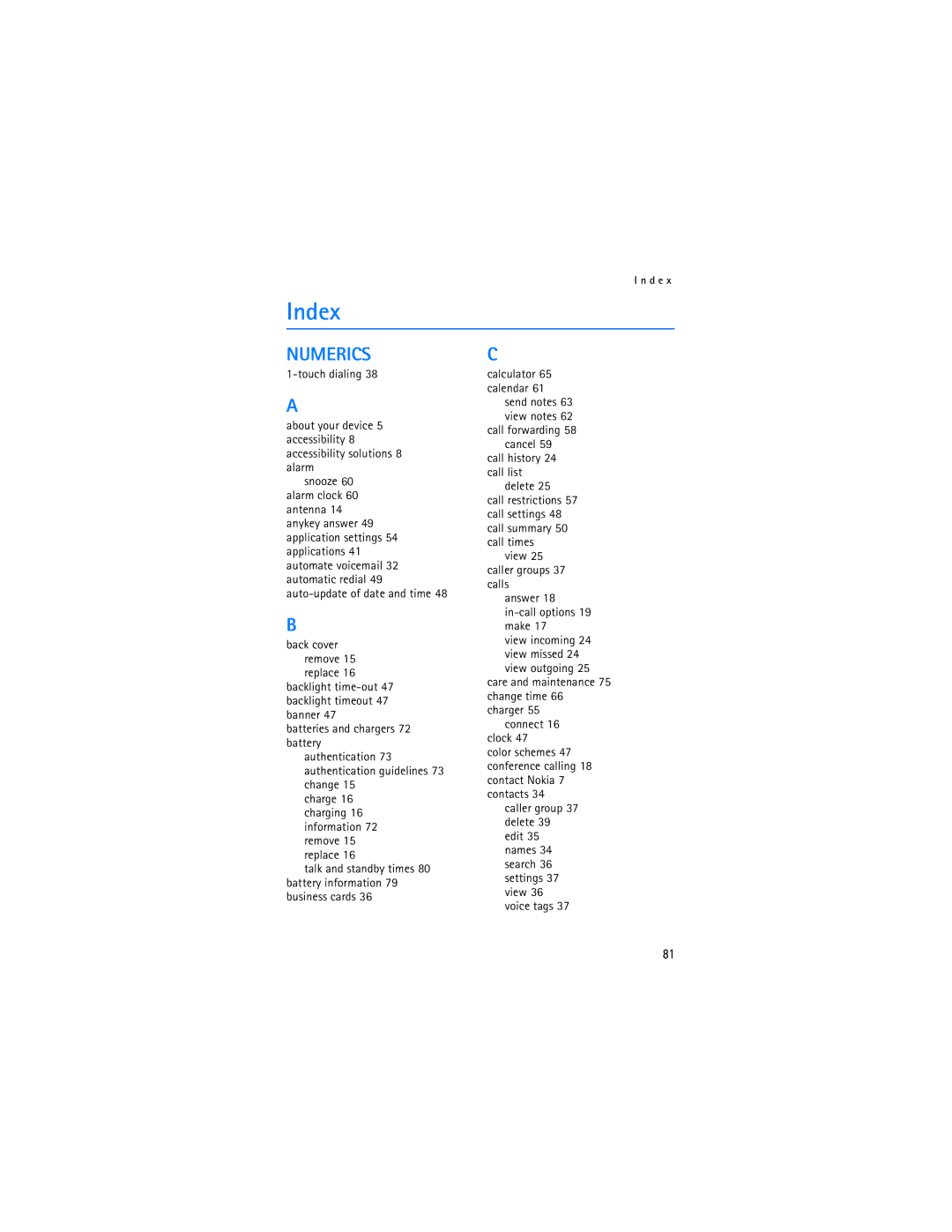 Nokia 3155i manual Index, Numerics 