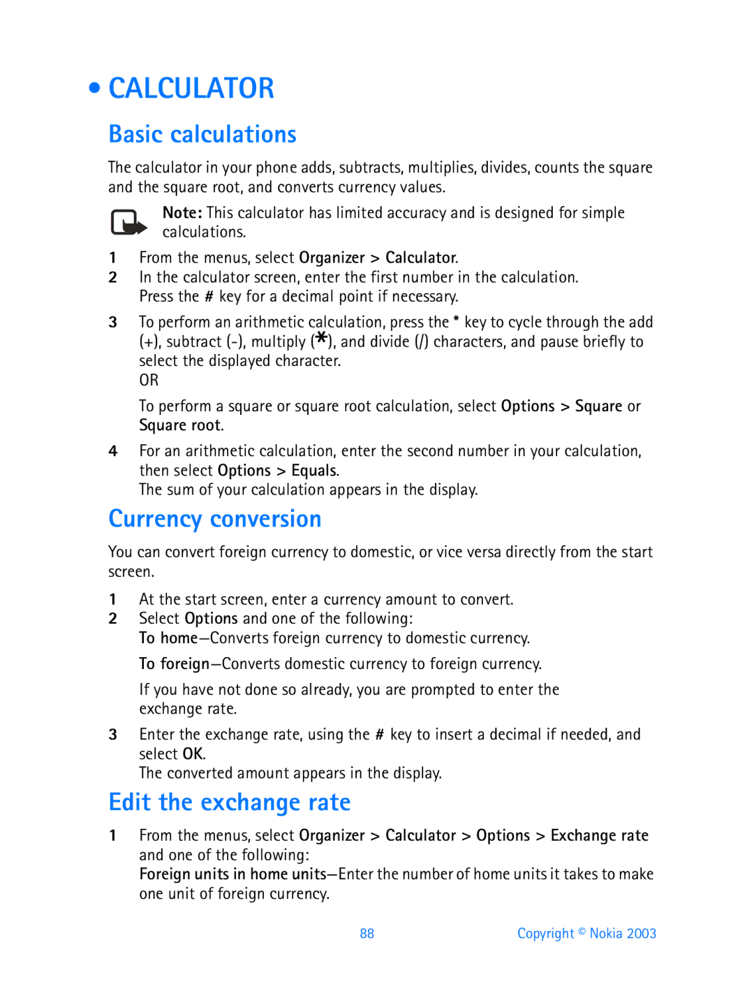 Nokia 3200 manual Calculator, Basic calculations, Currency conversion, Edit the exchange rate 