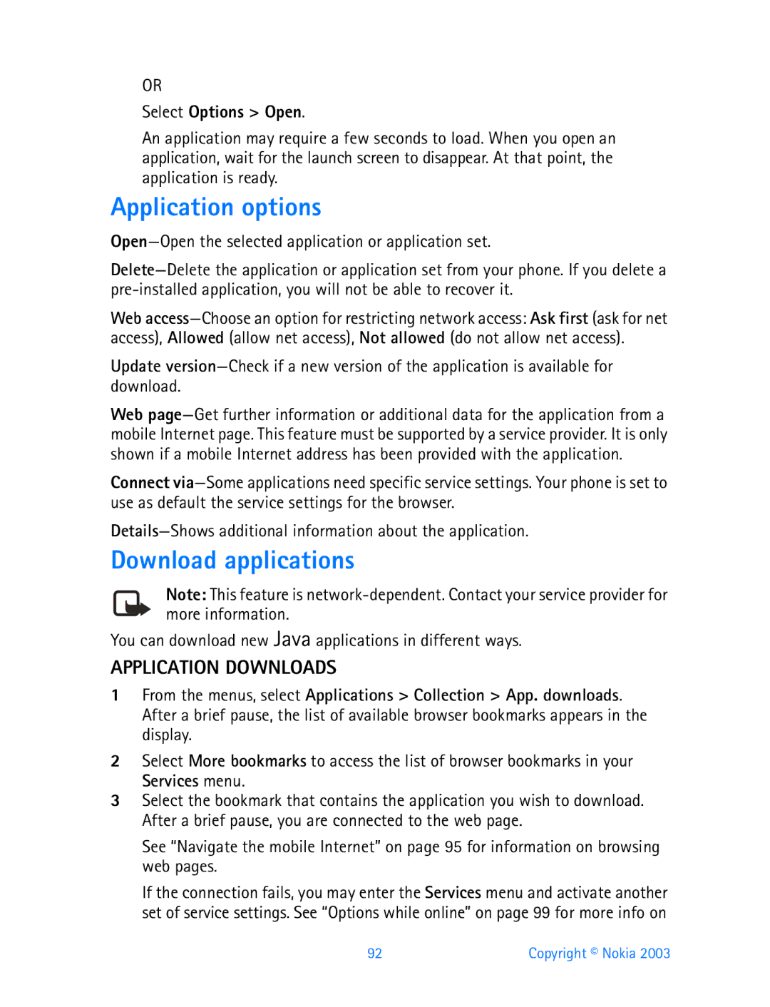 Nokia 3200 manual Application options, Download applications, Application Downloads 