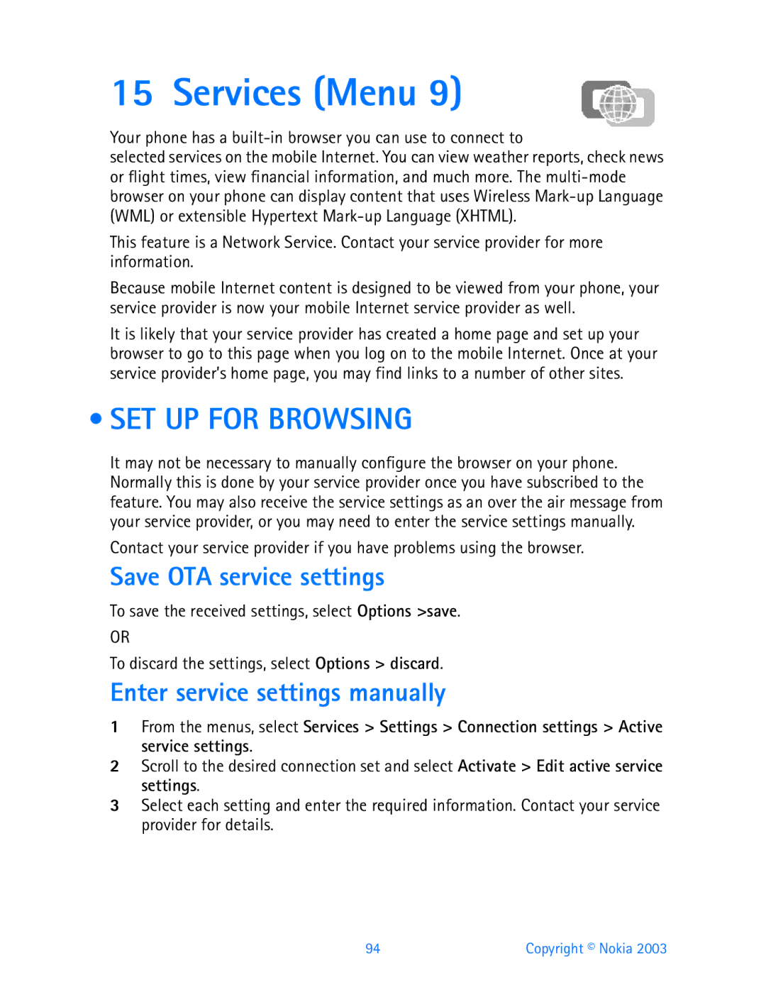 Nokia 3200 Services Menu, SET UP for Browsing, Save OTA service settings, Enter service settings manually 