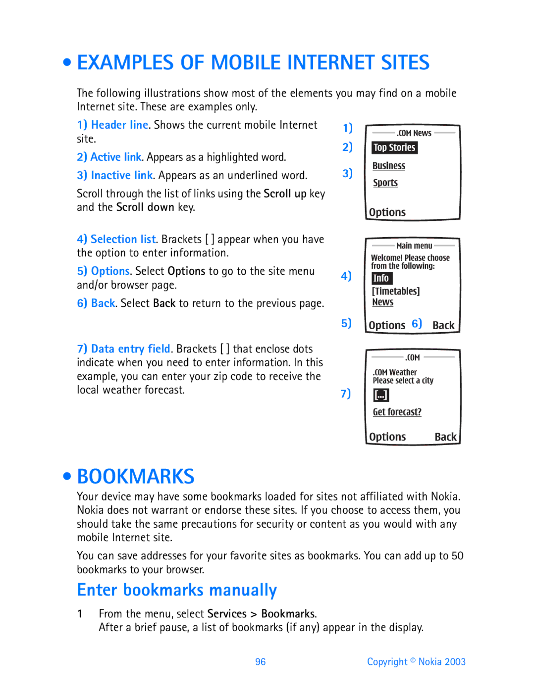 Nokia 3200 Examples of Mobile Internet Sites, Bookmarks, Enter bookmarks manually 