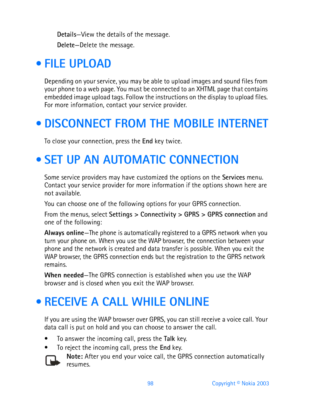 Nokia 3200 manual File Upload, SET UP AN Automatic Connection, Receive a Call While Online 