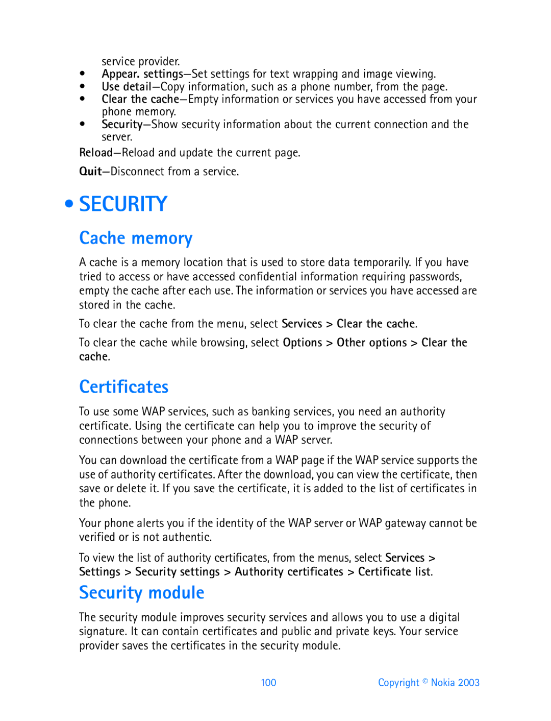 Nokia 3200 manual Cache memory, Certificates, Security module 