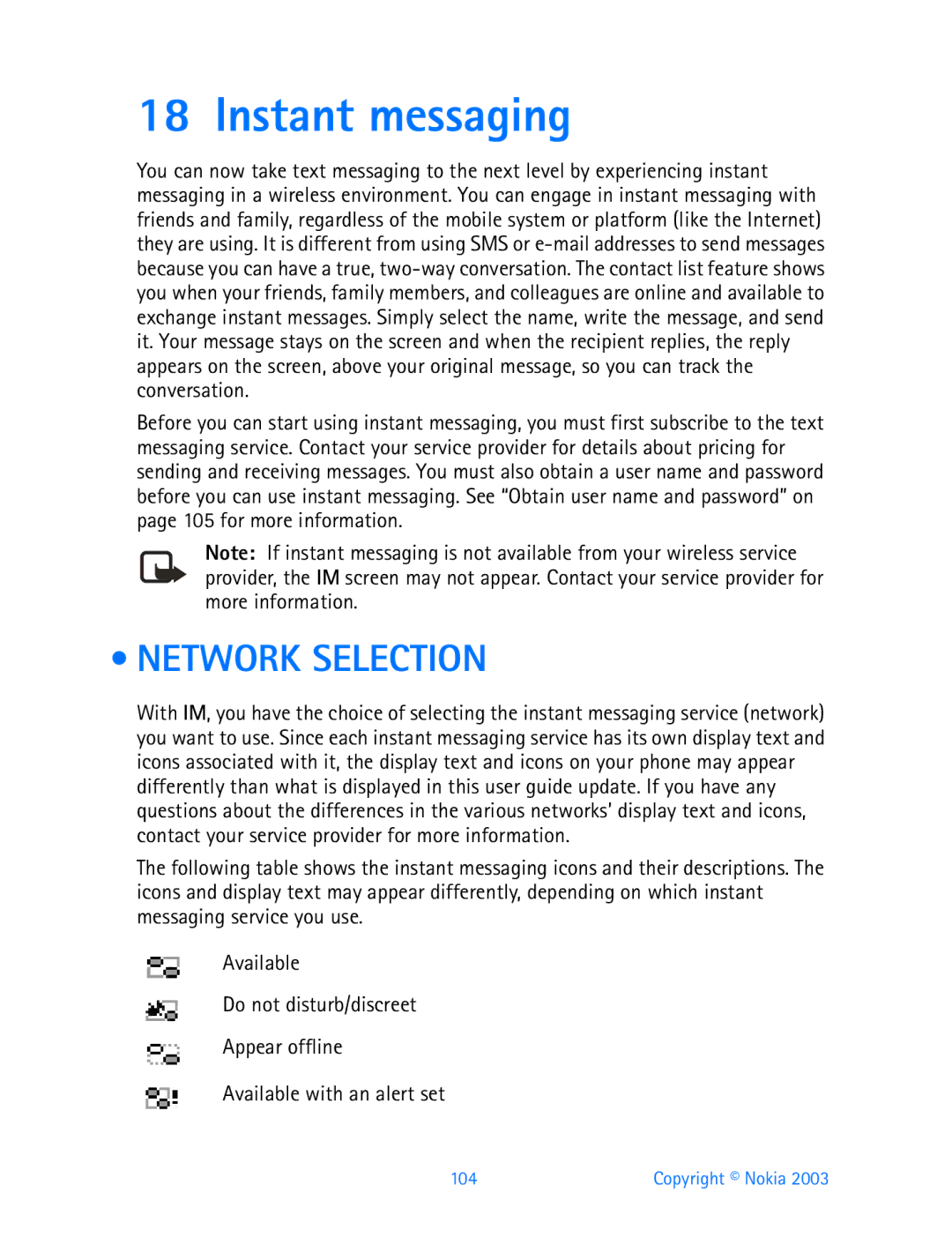 Nokia 3200 manual Instant messaging, Network Selection 