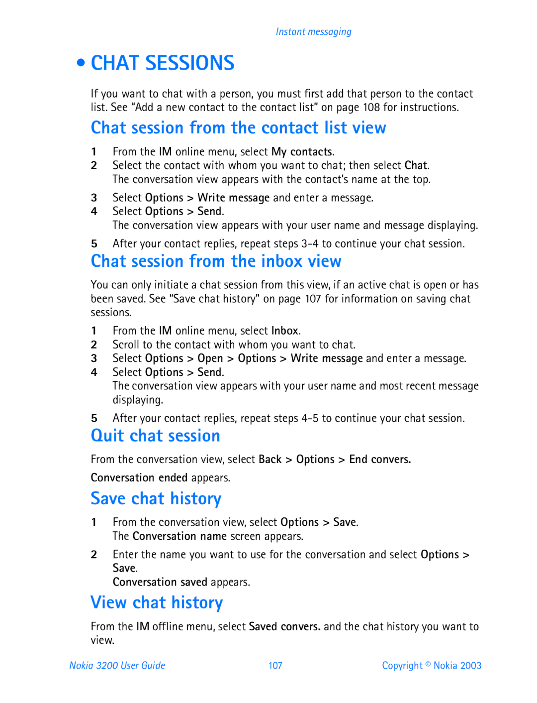 Nokia 3200 manual Chat Sessions 