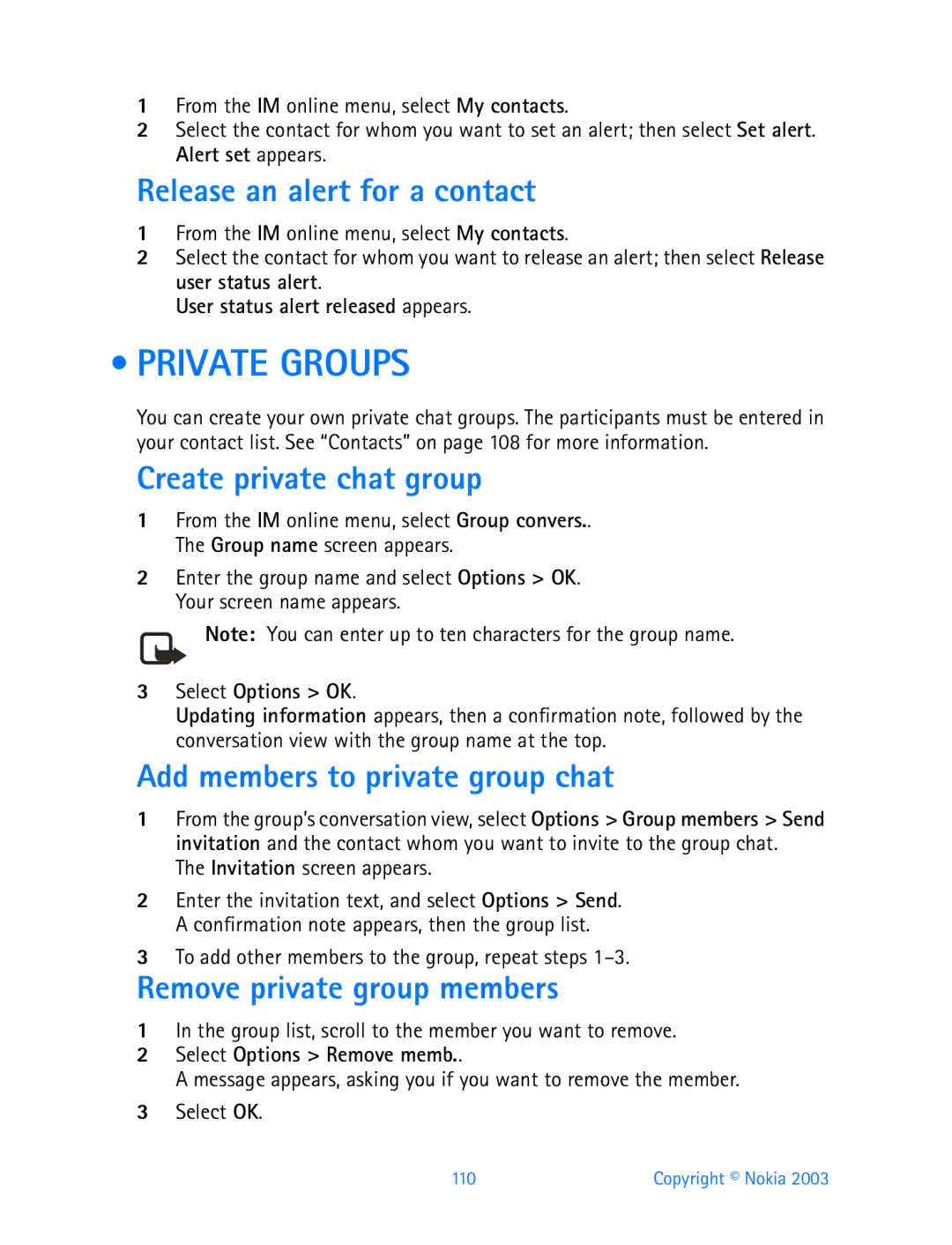 Nokia 3200 Private Groups, Release an alert for a contact, Create private chat group, Add members to private group chat 