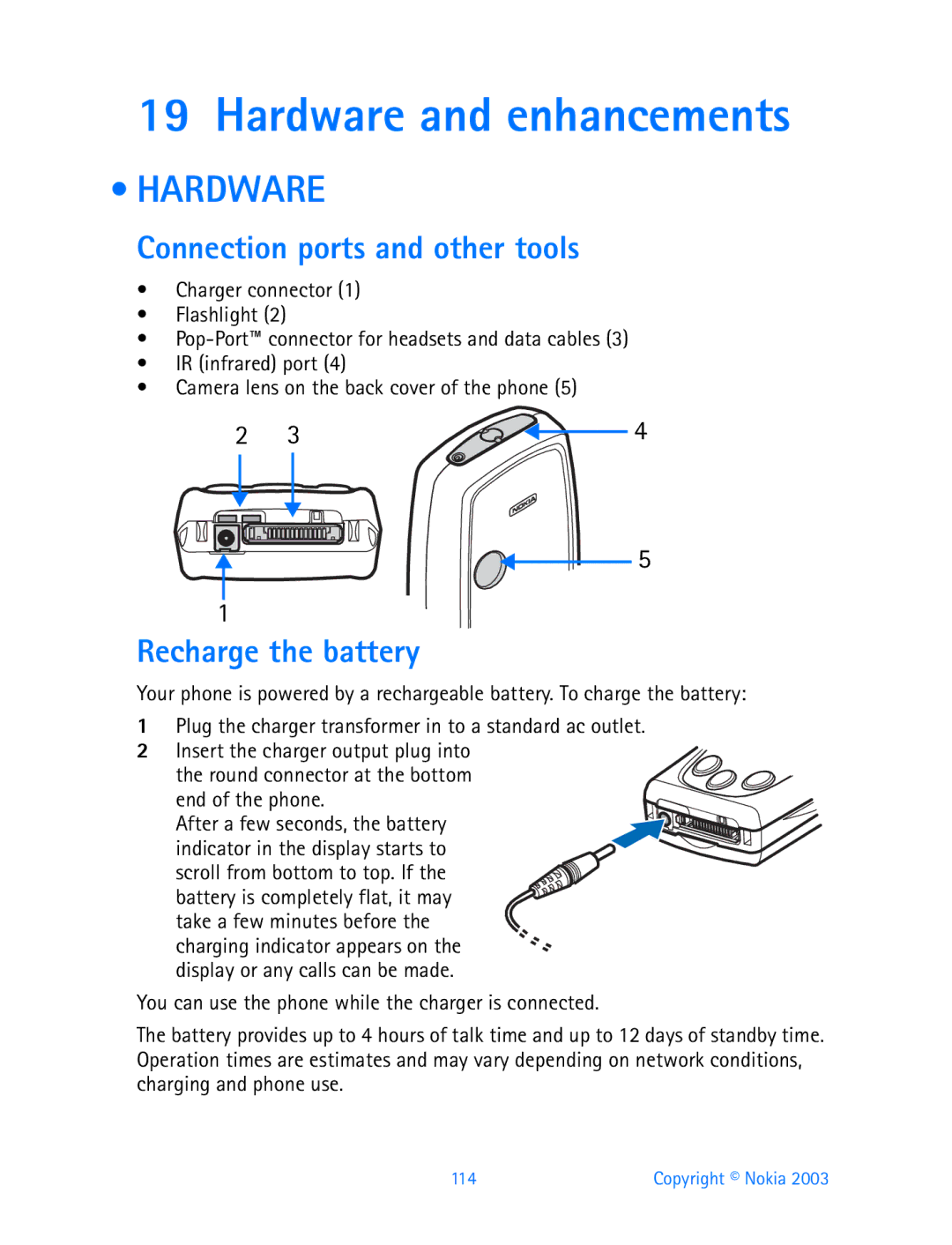 Nokia 3200 manual Hardware and enhancements, Connection ports and other tools, Recharge the battery 