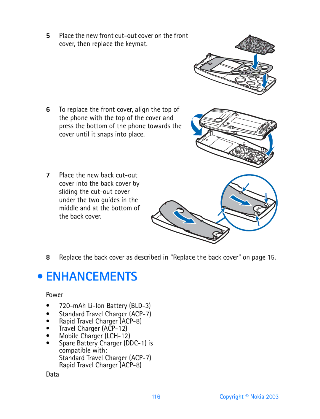 Nokia 3200 manual Enhancements, Place the new back cut-out, Data 